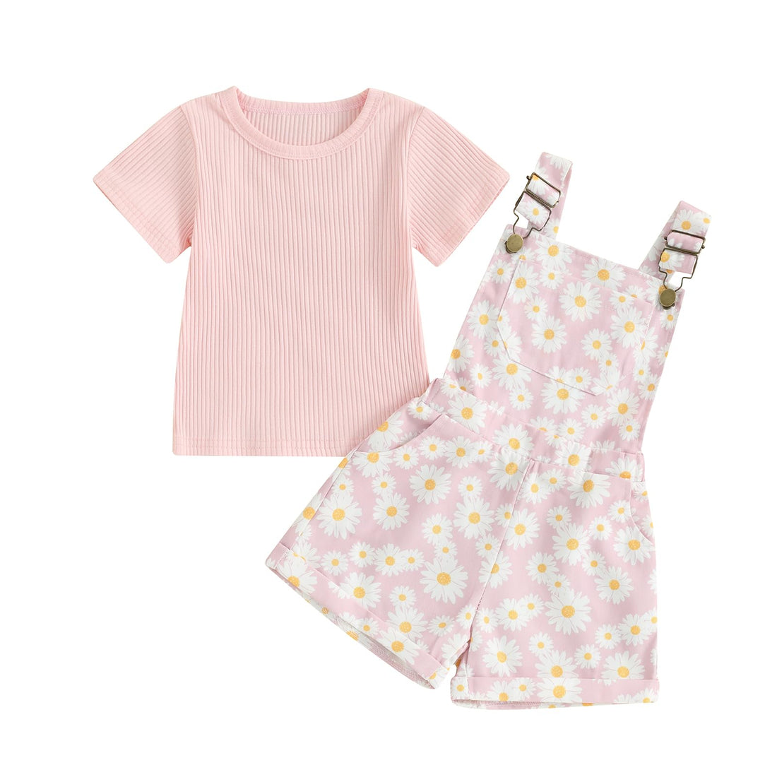 Toddler Baby Girls Summer Outfits T-Shirt Overalls Shorts Set | Short Sleeve Ribbed Shirt, Flower/Apple/Strawberry/Camo/Star/Bee Suspender Overalls, Kid 2Pcs Clothing, Spring Clothes 12M-5Y WEBE CLOTHING