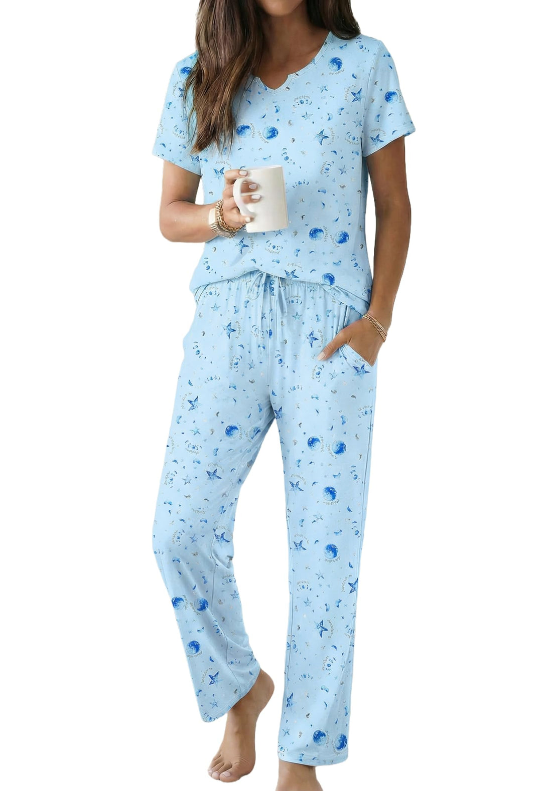 Ekouaer 2 Piece Womens Pajamas Short Sleeve Top and Long Pants Pjs Set Printed Sleepwear with Pocket WEBE CLOTHING