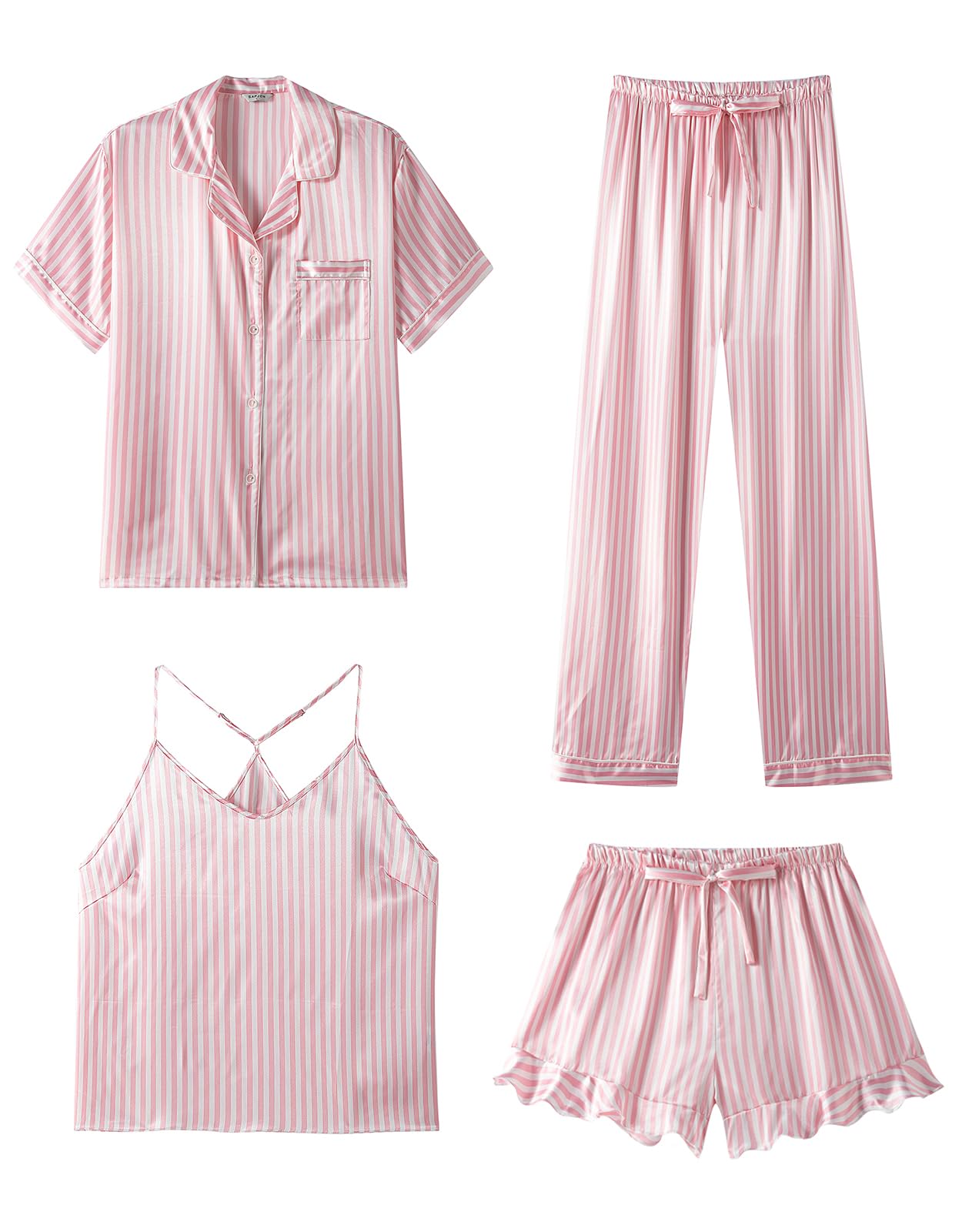 SAPJON Silk Pajamas for Women Set 4Pcs Ruffled Satin Pajamas Set Button Down Short Sleeve Cami Shorts Sleepwear Pj Set