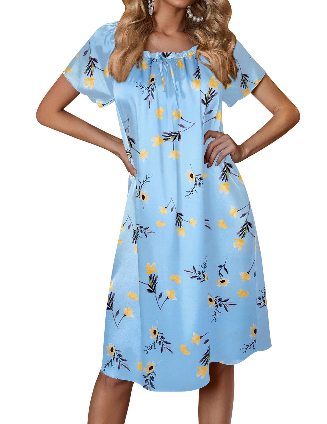 Ekouaer Women's Satin Silk Pleated Nightgown Loose Sleepwear Printed Nightshirt Short Sleeve Sleep Dress WEBE CLOTHING