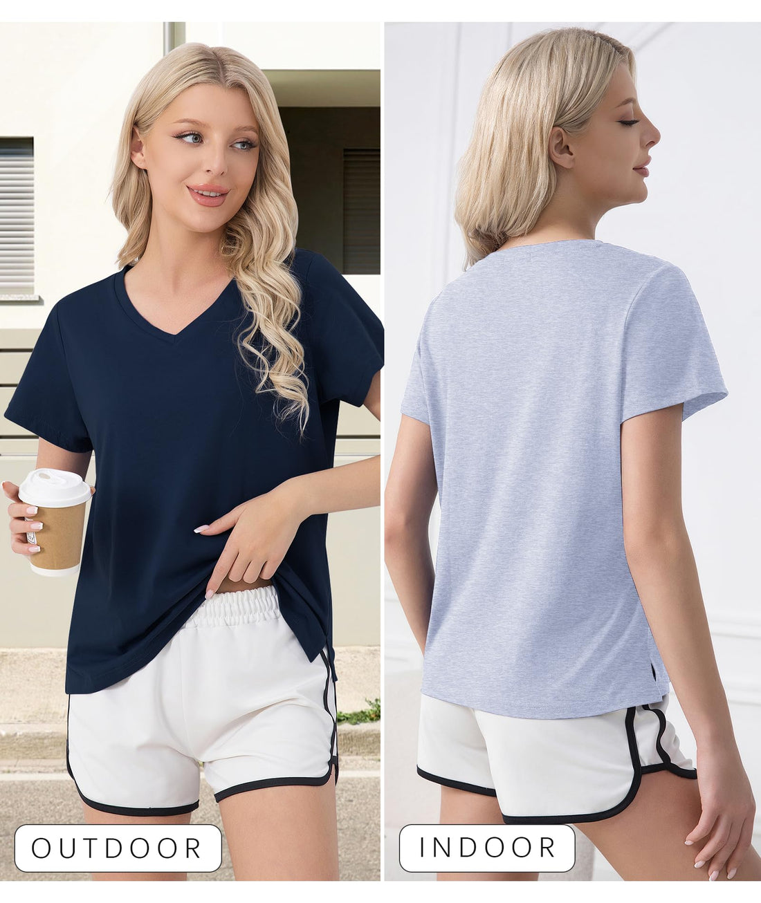 ENJOYNIGHT 2 Pack Womens Pajama Tops Cotton T-Shirt V-Neck Soft Sleep Pj Shirt Short Sleeves