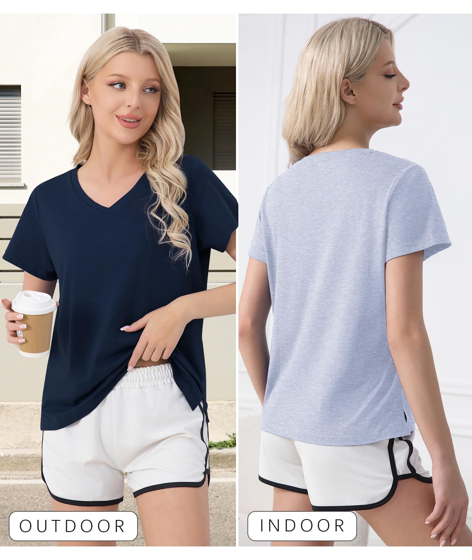 ENJOYNIGHT 2 Pack Womens Pajama Tops Cotton T-Shirt V-Neck Soft Sleep Pj Shirt Short Sleeves