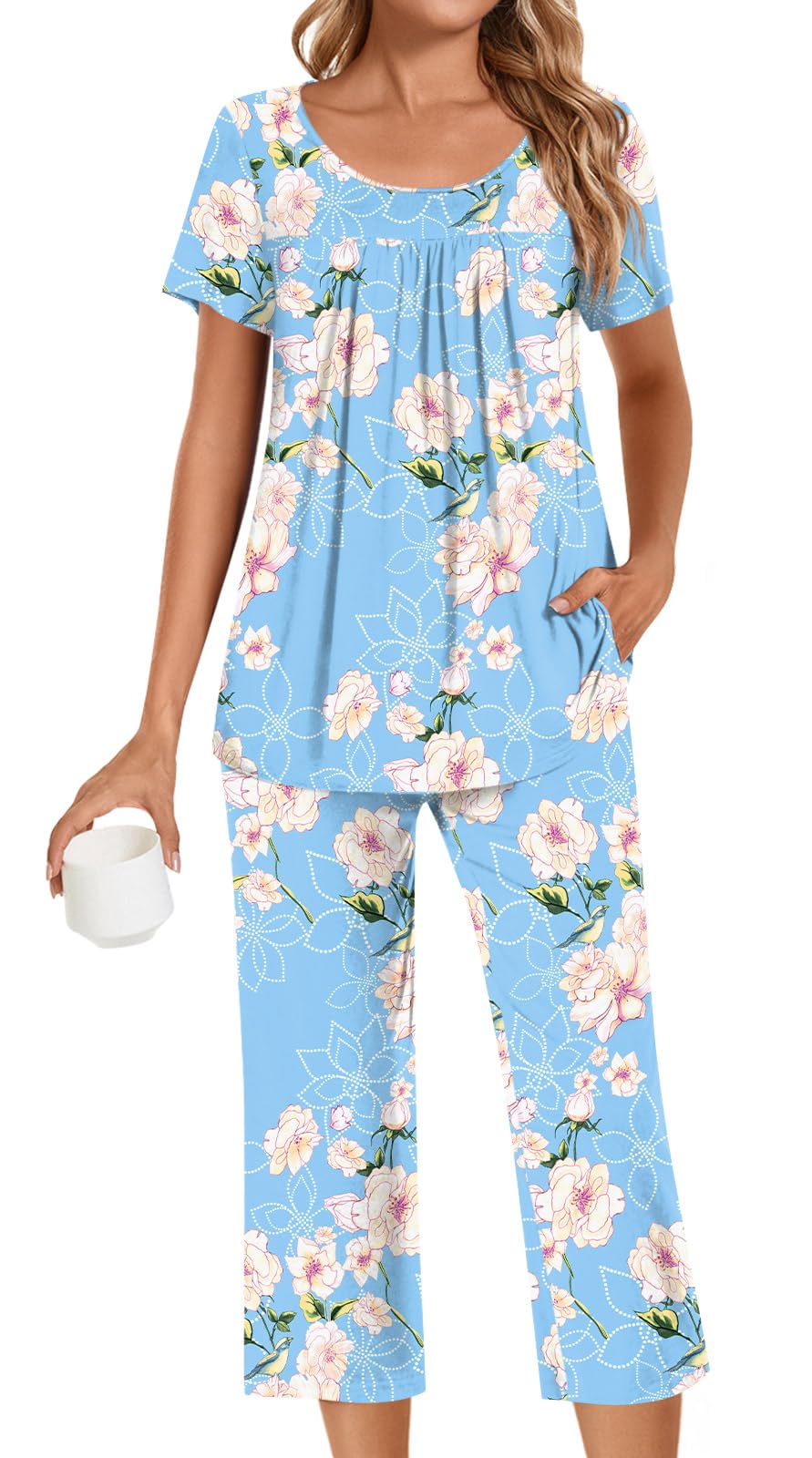 POPYOUNG Womens Pajama Sets Summer Ladies Pjs 2 Piece Loungewear Capri with Pockets Sleepwear