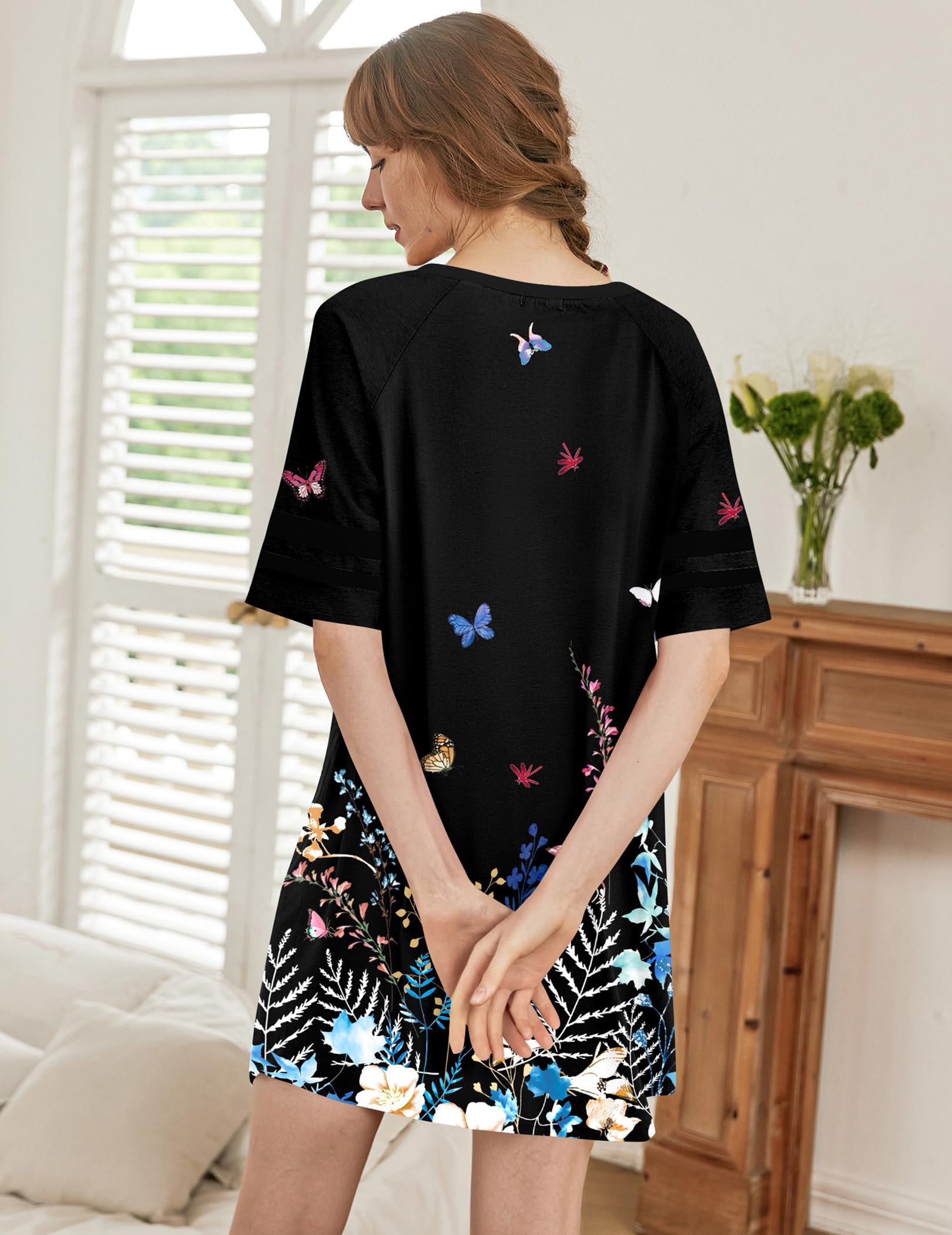Ekouaer Nightgowns for Women Short Sleeve Sleepshirts Crew Neck Nightshirts Color Block Pajamas Dress Soft Sleepwear WEBE CLOTHING