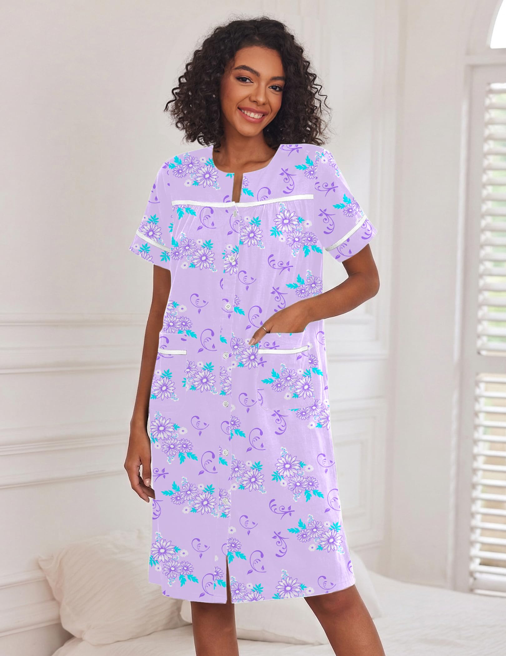 Ekouaer House Dress for Women with Pockets Duster Button Down Nightgown | Nightgowns for Women, Button Dwon House Dress with Pockets, Short Sleeve Duster Housecoat, Moo Moos for Elderly, Mumu Dress WEBE CLOTHING