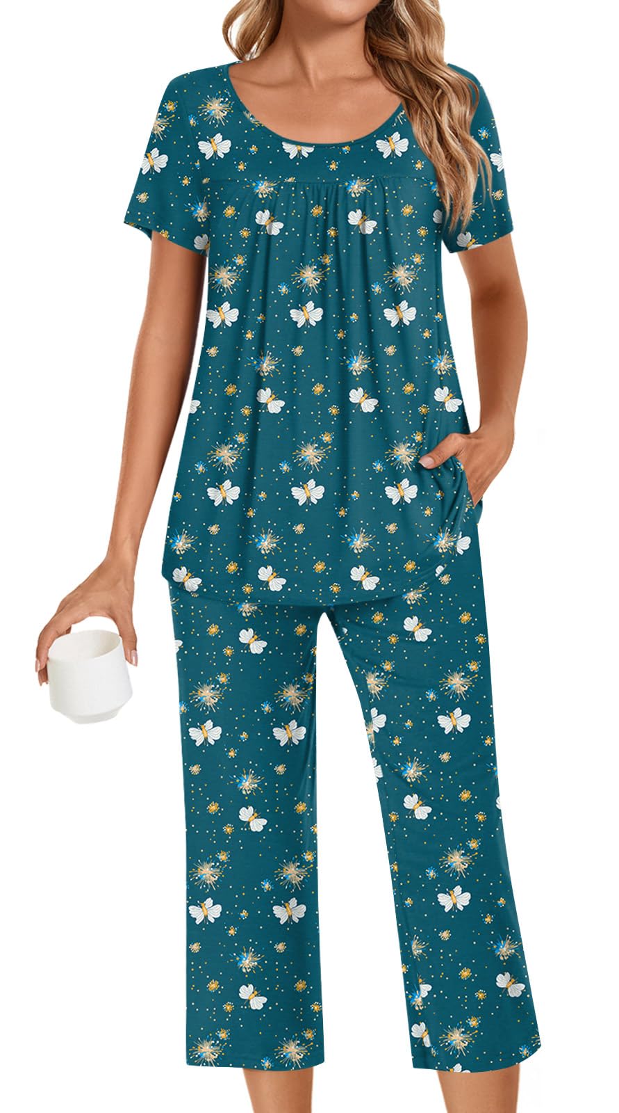 POPYOUNG Womens Pajama Sets Summer Ladies Pjs 2 Piece Loungewear Capri with Pockets Sleepwear