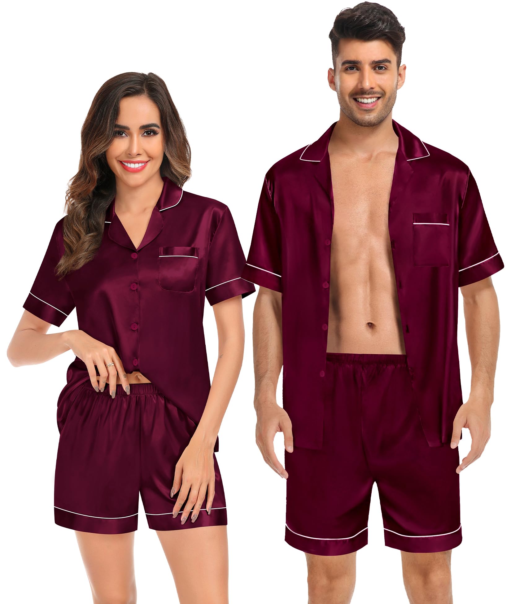SWOMOG Couples Matching Pajamas Set Satin Short Sleeve Button Down Tops Silk Shorts Pj Lounge Set Soft Sleepwear