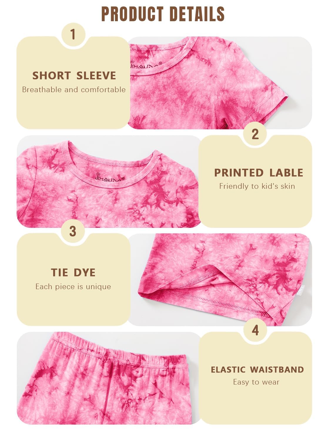 Jimonda Kids Soft Rayon From Bamboo Sleepwear Short Sleeve Boys Girls Pajama Outdoor 4-Piece tops&shorts Casual sets Tie PJ