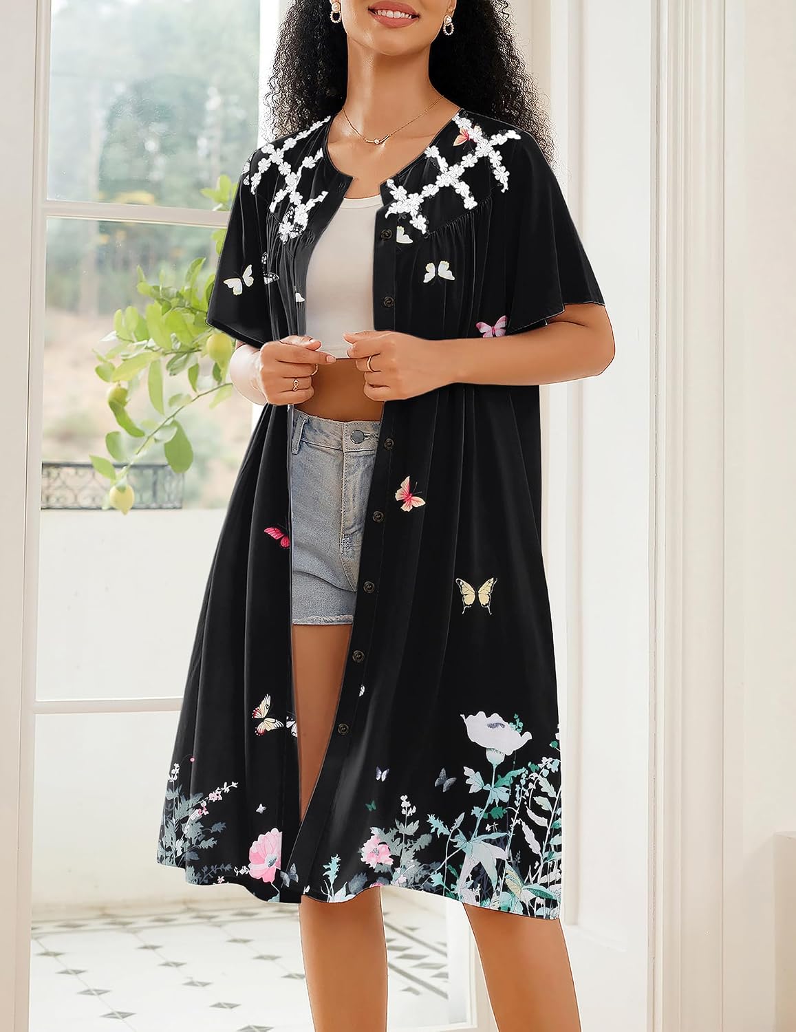 Ekouaer House Dress for Women Button Down Nightgown Short Sleeve Housecoat with pockets S-4XL