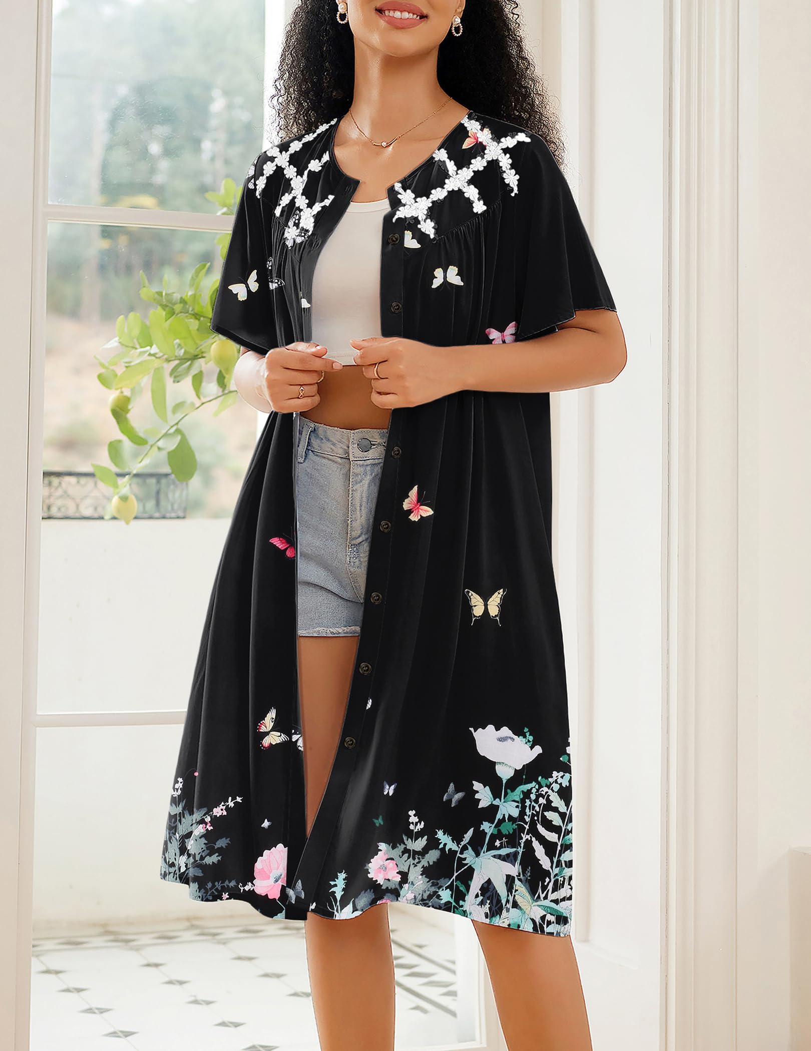 Ekouaer House Dress for Women Button Down Nightgown Short Sleeve Housecoat with pockets S-4XL WEBE CLOTHING