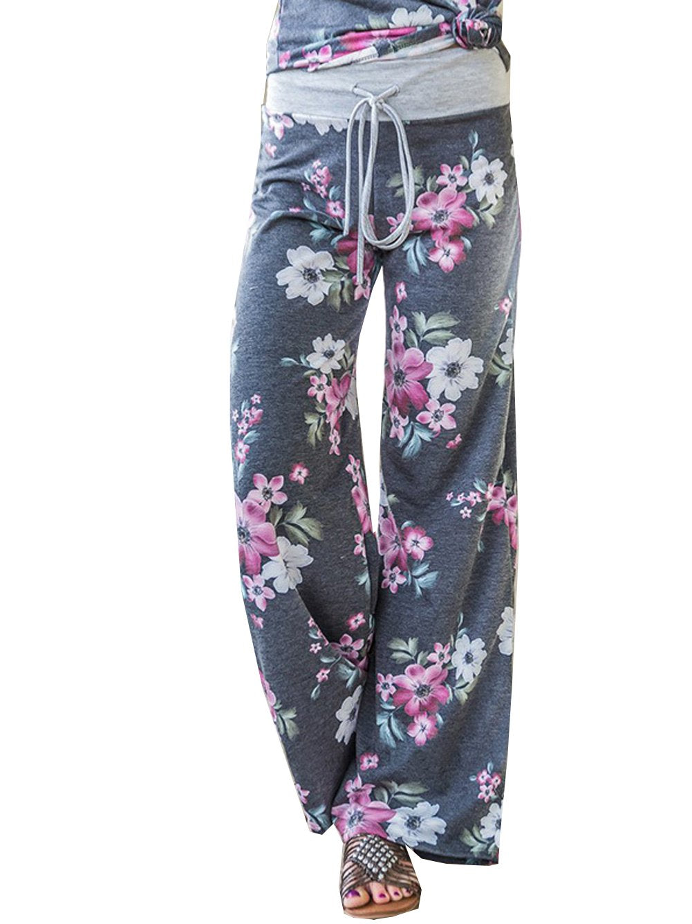 iChunhua Women's Comfy Stretch Floral Print Drawstring Palazzo Wide Leg Lounge Pant