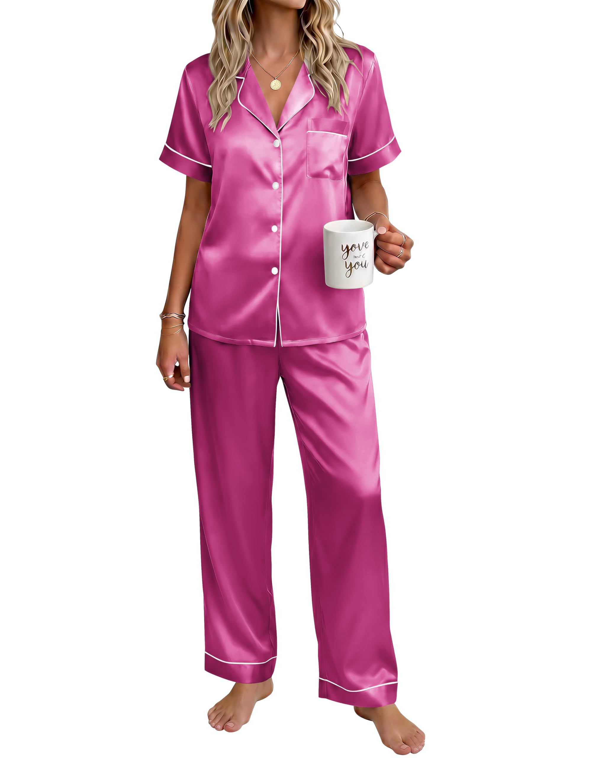 Ekouaer Womens Silky Satin Pajamas Set Short Sleeve Button Down Sleepwear 2 Piece Lounge Set Pj Set WEBE CLOTHING