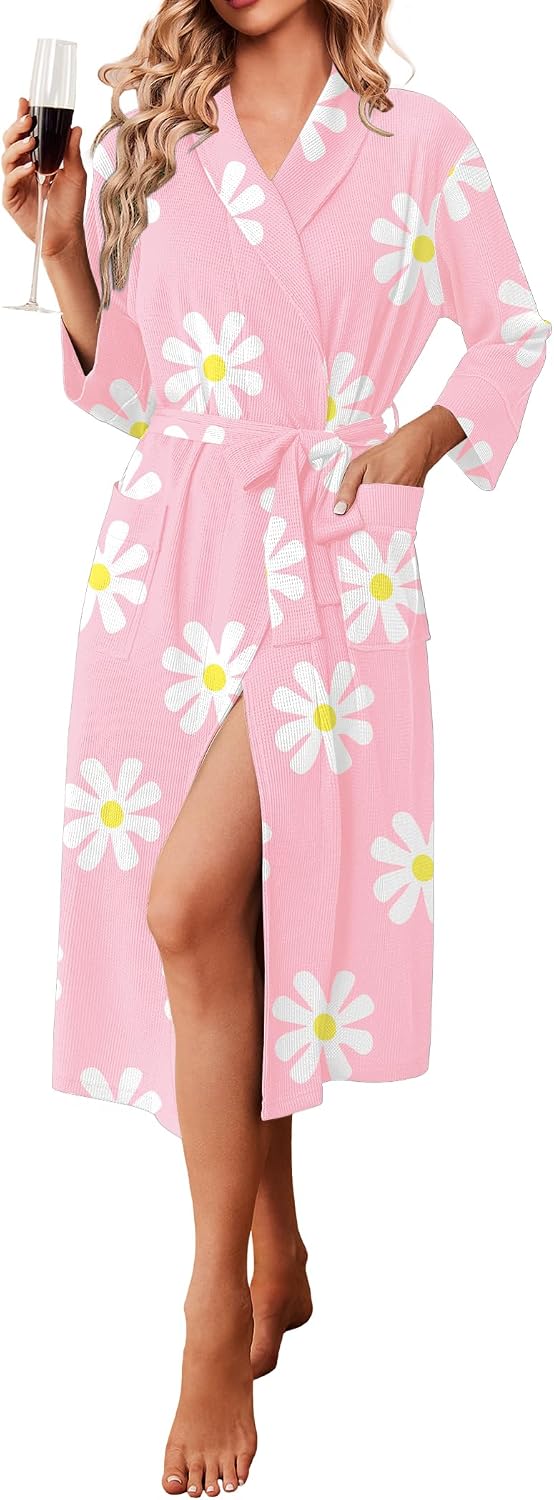 Ekouaer Robes for Women Long Waffle Knit Bathrobe Shawl Collar House Coats | 3/4 Sleeves, Mid-calf Length, Lightweight, Soft, Casual, Comfy, Removable Belt, SPA Kimono Nightgown with Pockets, Loungewear WEBE CLOTHING