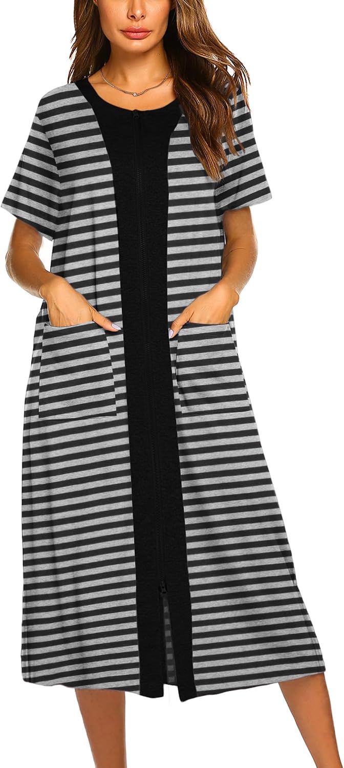 Ekouaer Robes For Women Zipper Bathrobe Short Sleeve Duster With Pockets | Zipper Front House Coat, Lightweight Sleepwear, Plus Size Loungewear, Ladies Nightgown for Mother, Postoperative Gown, Sleep