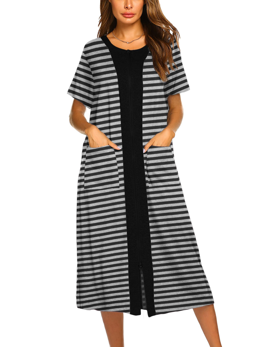 Ekouaer Robes For Women Zipper Bathrobe Short Sleeve Duster With Pockets | Zipper Front House Coat, Lightweight Sleepwear, Plus Size Loungewear, Ladies Nightgown for Mother, Postoperative Gown, Sleep