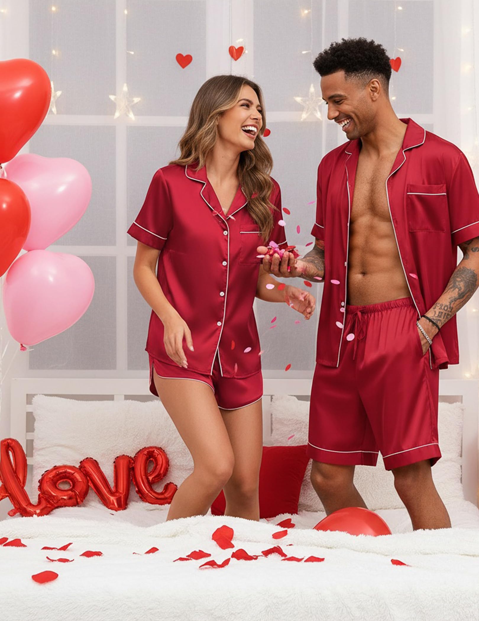 Ekouaer Silk Satin Matching Pajamas Sets Couple Button Down Nightwear Women & Men Short Sleeve Sleepwear 2 Pieces Loungewear