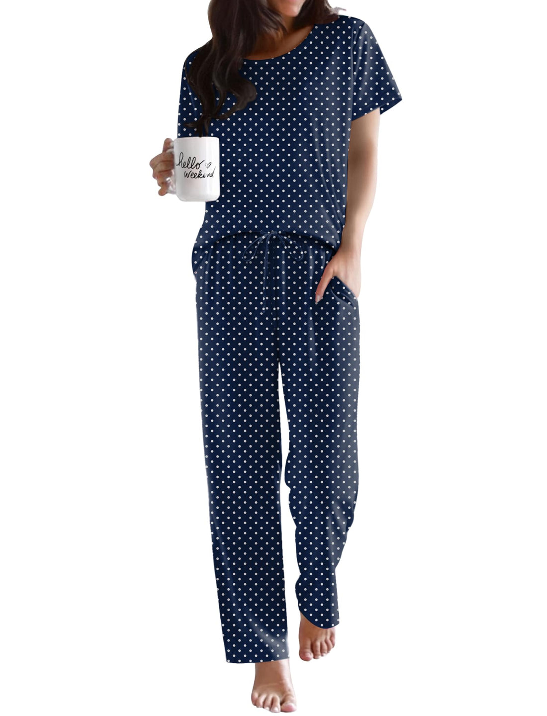 Ekouaer Pajama Sets for Women Round Neck Pjs Short Sleeve Sleepwear with Long Pants Loose Lounge Sets
