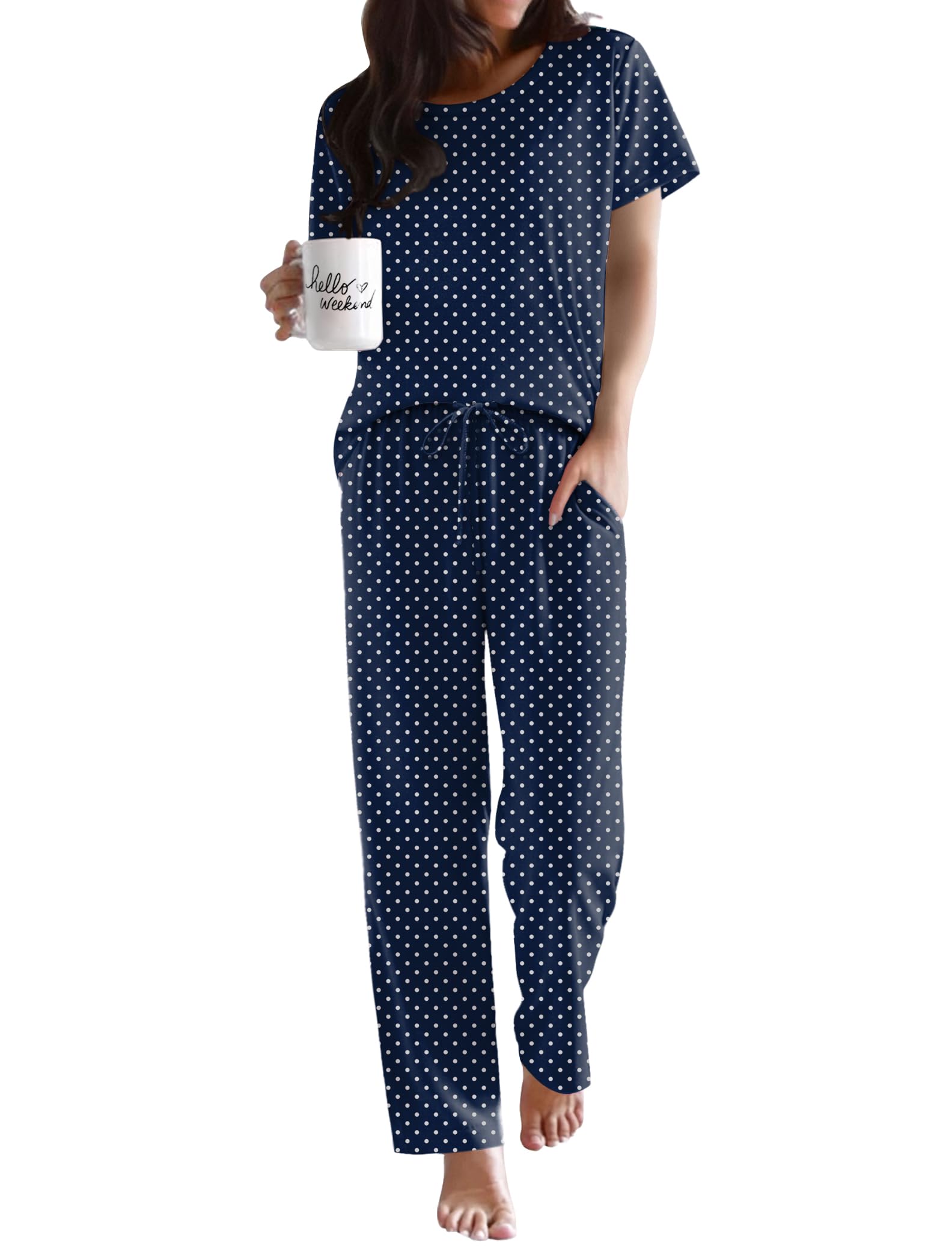 Ekouaer Pajama Sets for Women Round Neck Pjs Short Sleeve Sleepwear with Long Pants Loose Lounge Sets