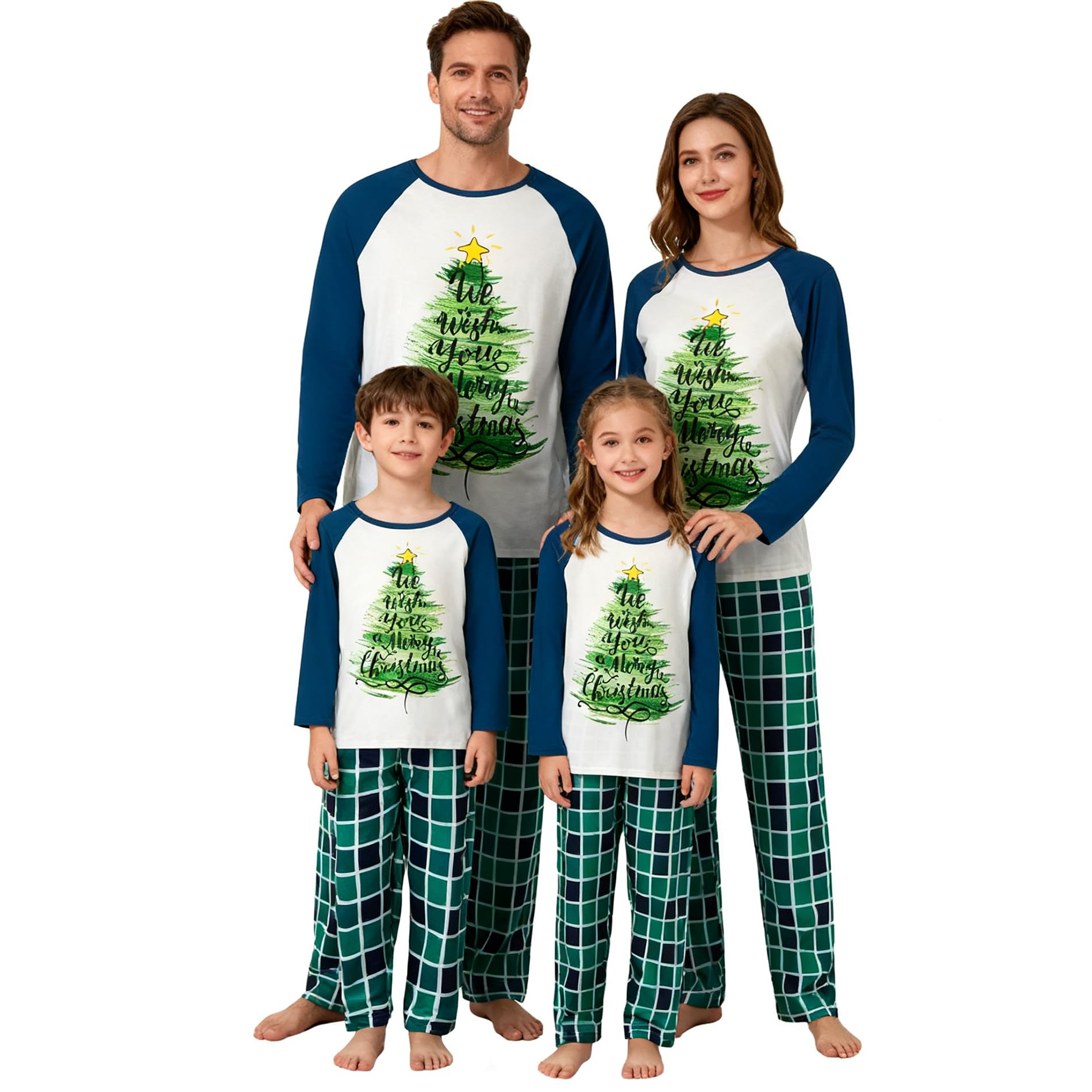 Awoscut Christmas Family Matching Pajamas Sets Christmas PJ's Letter Print Top and Plaid Pants Jammies Sleepwear