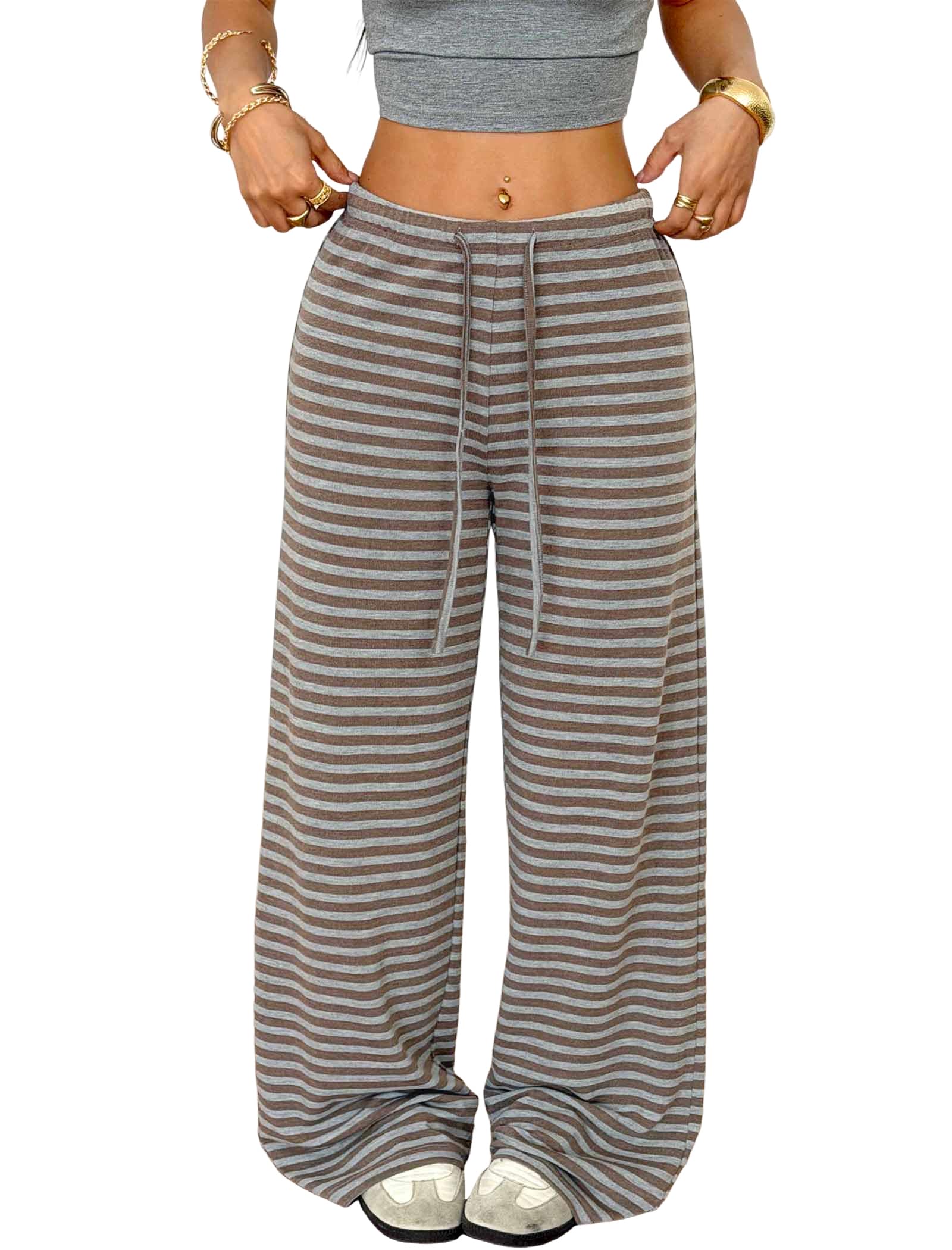 ZAFUL Women's Striped Pants Casual Fold Waist Wide Leg Pants Lightweight Comfy Stretchy Loose Lounge Pajama Pants