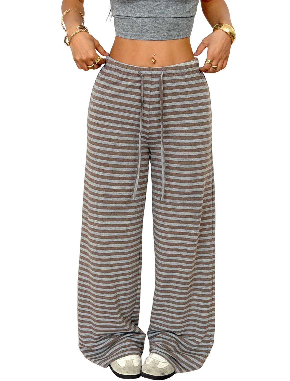 ZAFUL Women's Striped Pants Casual Fold Waist Wide Leg Pants Lightweight Comfy Stretchy Loose Lounge Pajama Pants