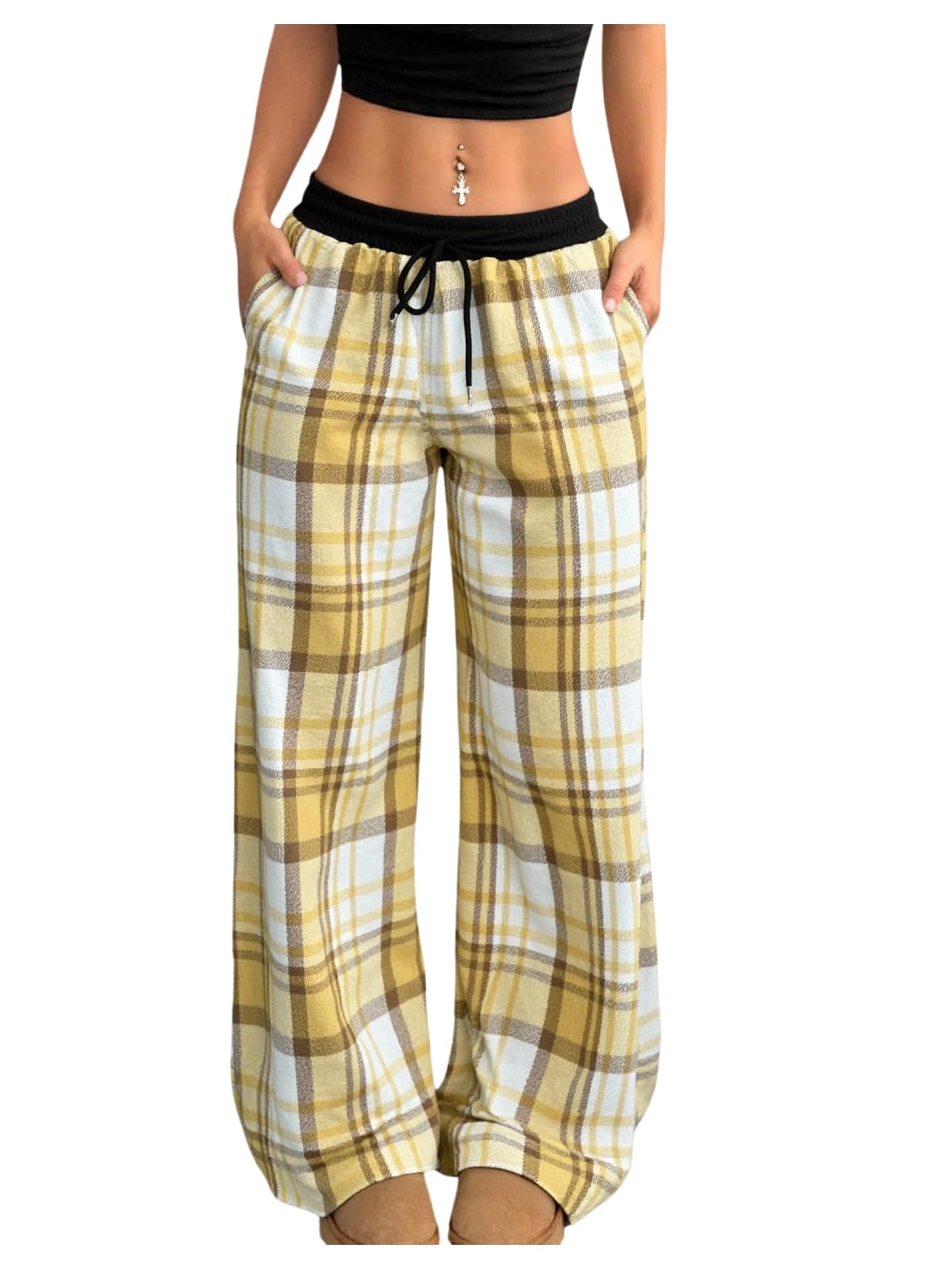SOLY HUX Women's Plaid Checkered Pants Flannel Pajama Pants Lounge Wide Leg Baggy Sweatpants with Pockets