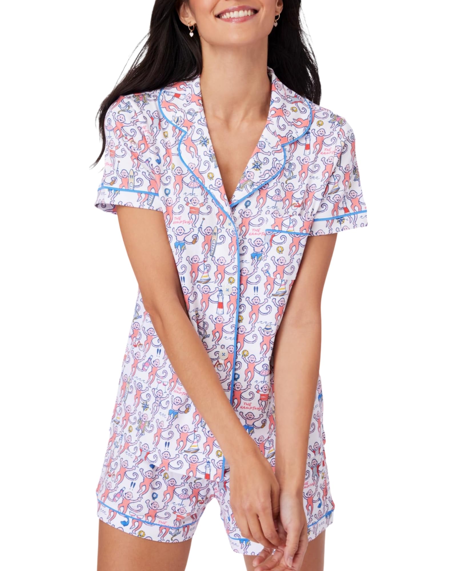 Women Y2k Pajamas Set Cute Preppy 2PCS Button Down Holiday Monkey Shorts Summer Outfit Beach Vacation Loungewear PJs WEBE CLOTHING
