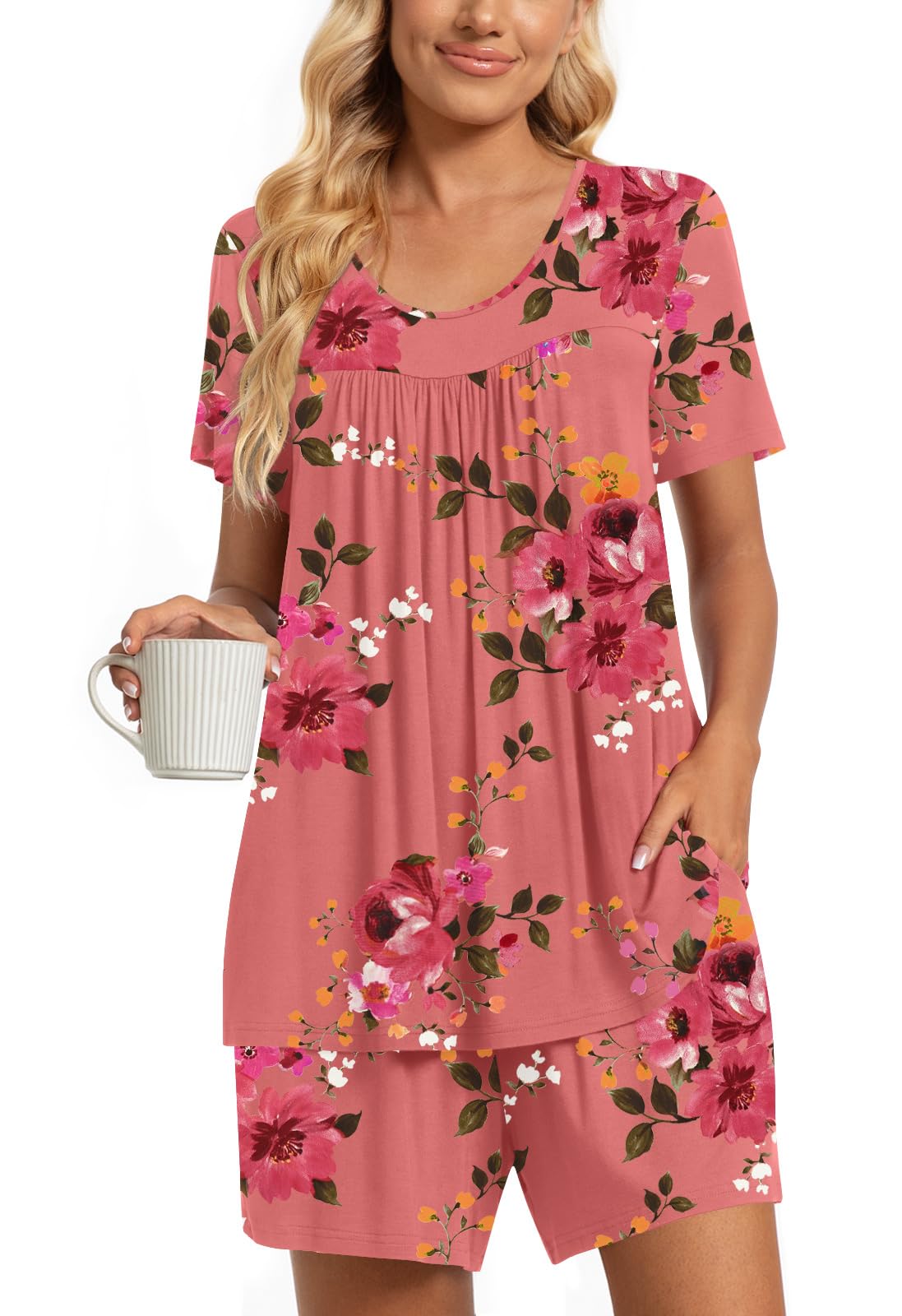 TAOHUADAO 2 Piece Women's Short Sleeve Pajama Sets, Lounge Sleepwear Ladies Pjs Sets with Pockets