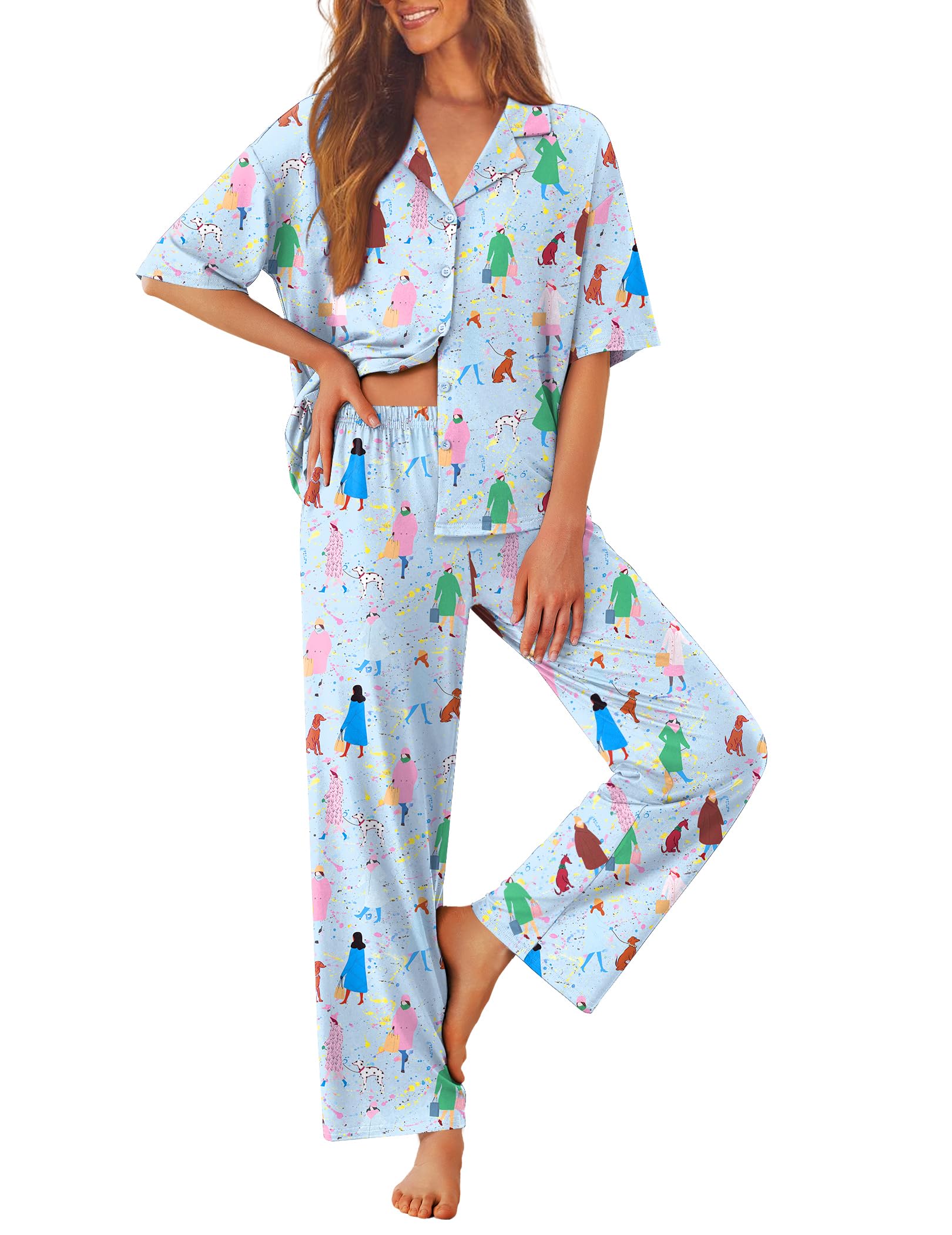 Ekouaer Women Pajamas Set Button Down Sleepwear Short Sleeve Pjs Soft Comfy Nightwear with Long Pants S-XXL