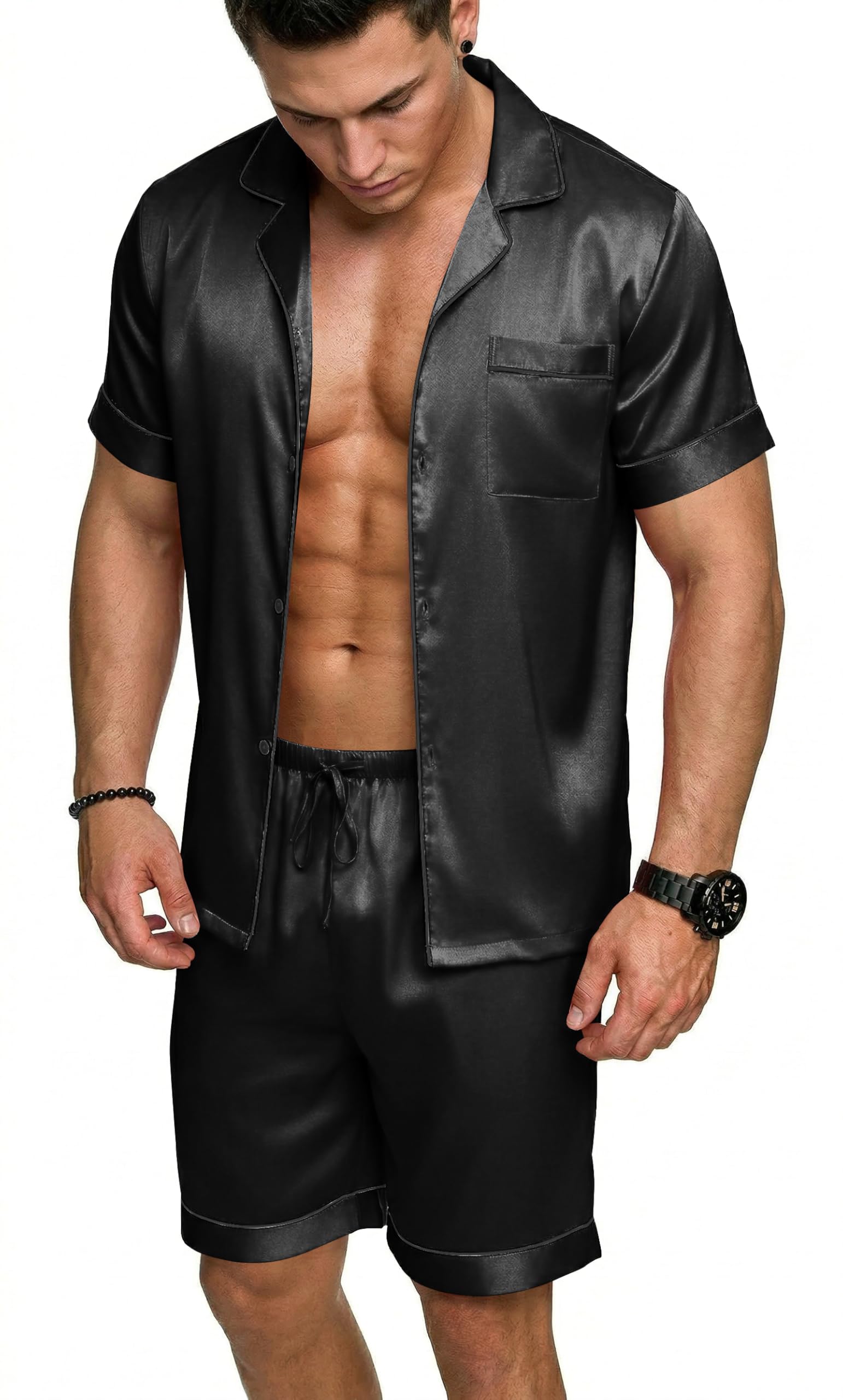 Ekouaer Mens Silk Satin Pajamas Set, Short Sleeve Sleepwear Lightweight Button Up Lounge Pjs Set with Pockets S-4XL WEBE CLOTHING