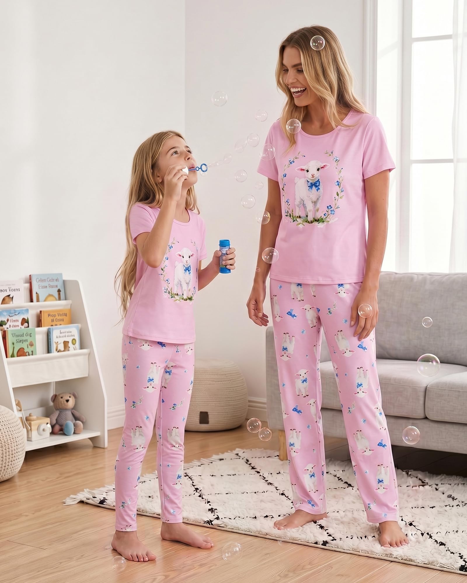 MyFav Mommy and Me Pajamas Heart Print Sleepwear Family Matching Short Sleeve Nightwear