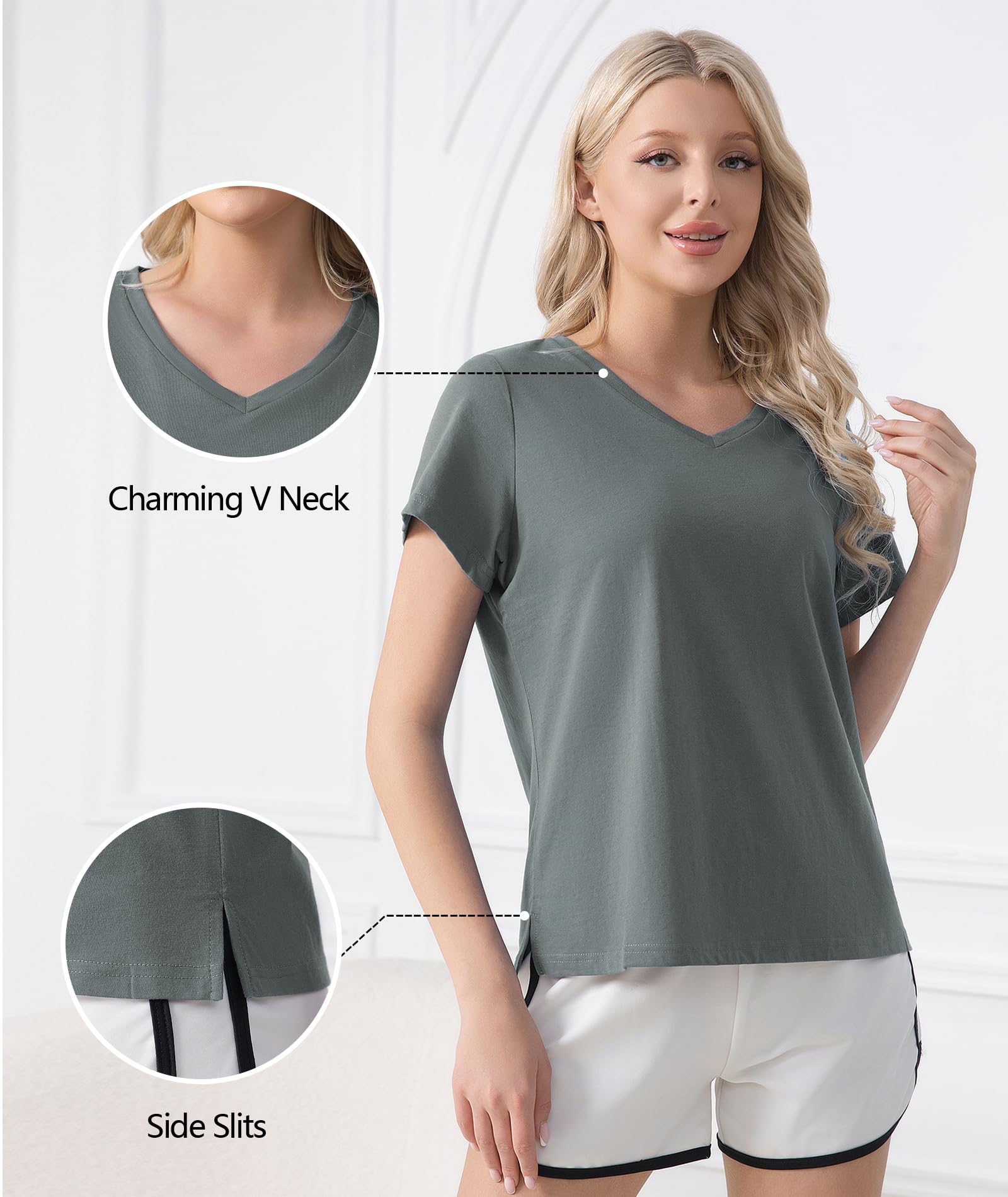 ENJOYNIGHT 2 Pack Womens Pajama Tops Cotton T-Shirt V-Neck Soft Sleep Pj Shirt Short Sleeves
