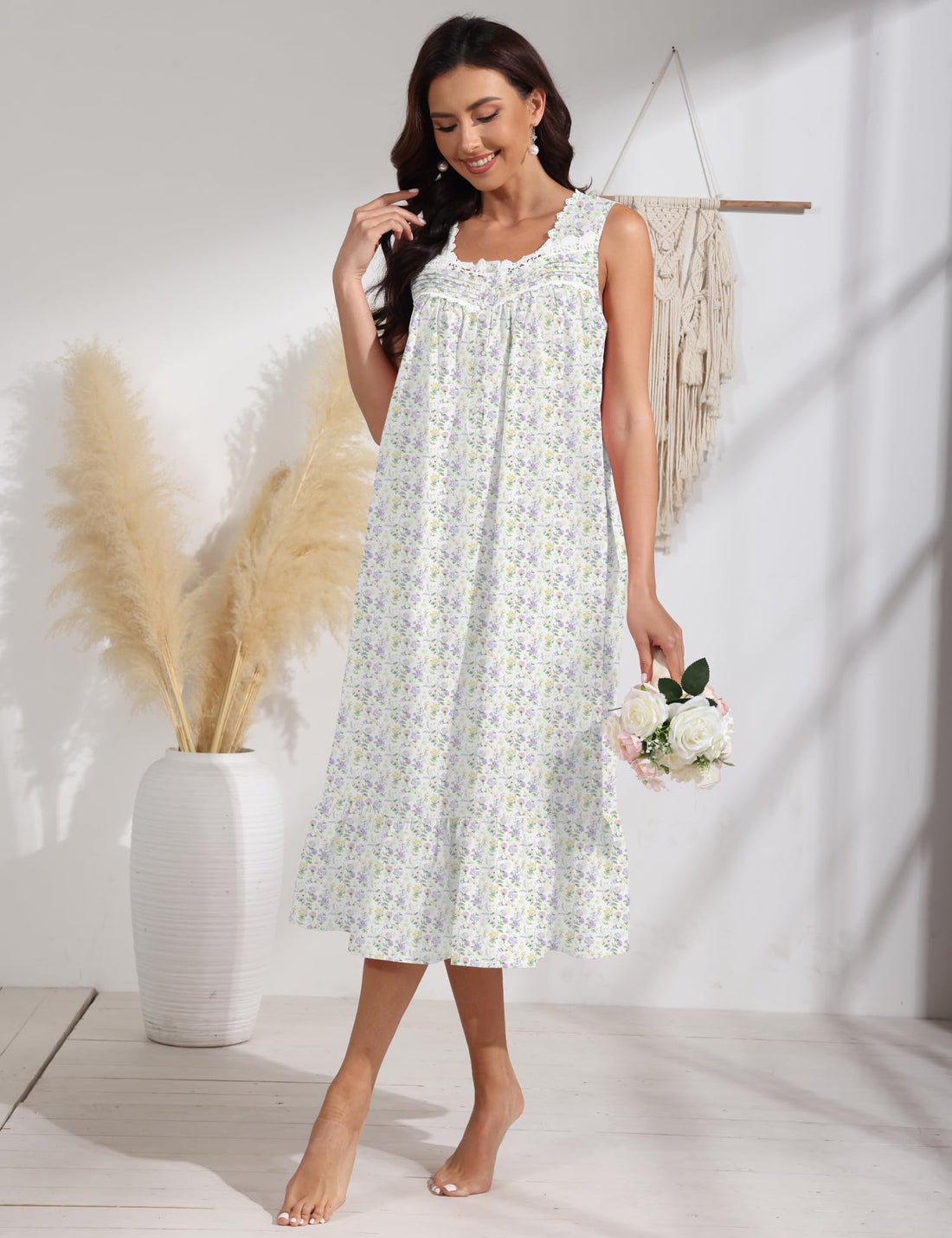 100% Cotton Floral Pearl Snap Nightgown for Women Sleeveless Victorian Sleep Dress Cotton Nightgowns with Pockets WEBE CLOTHING