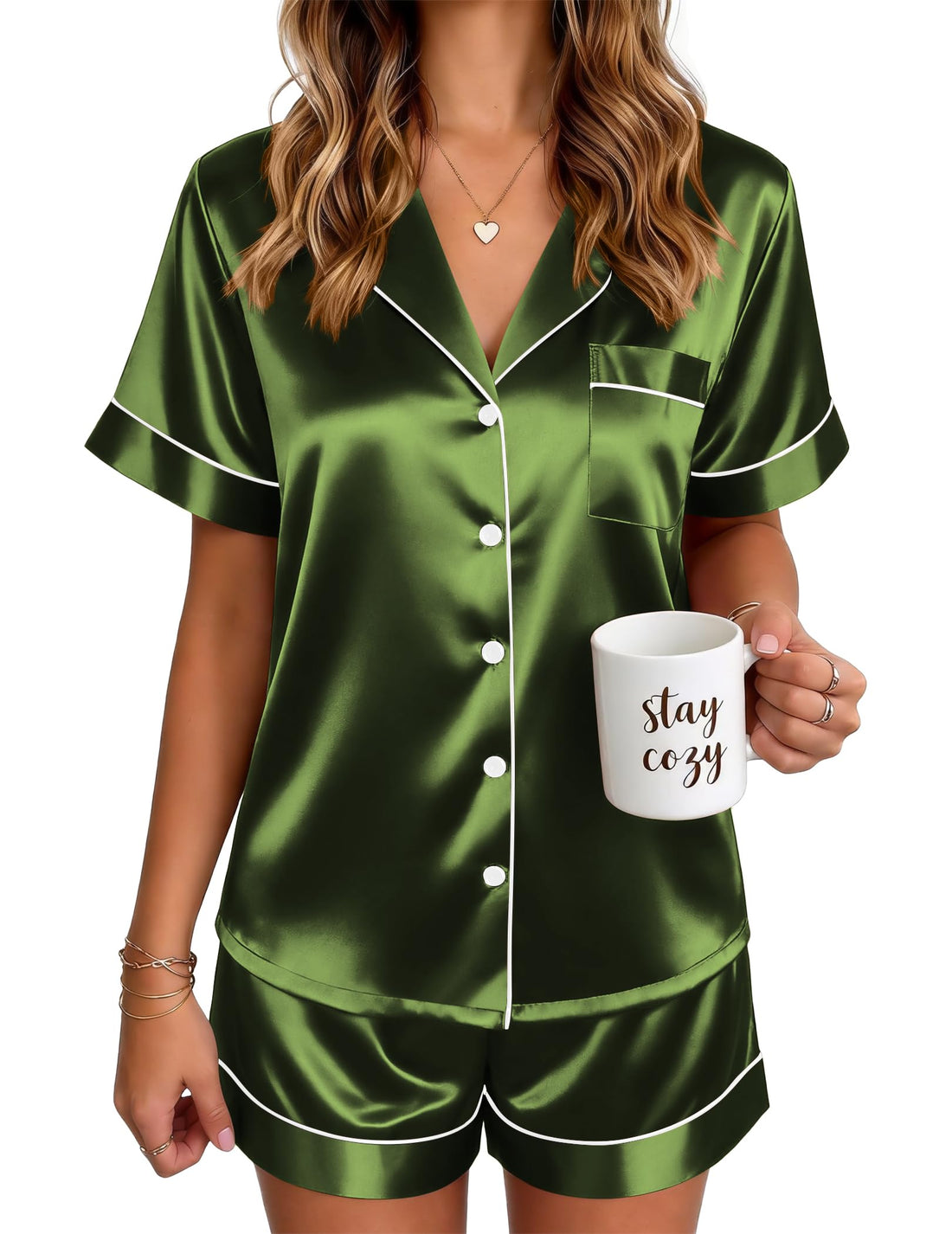 Ekouaer Satin Pajamas for Women Silk Pjs Short Set 2 Piece Button Up Lounge Sets Short Sleeve Sleepwear S-XXL