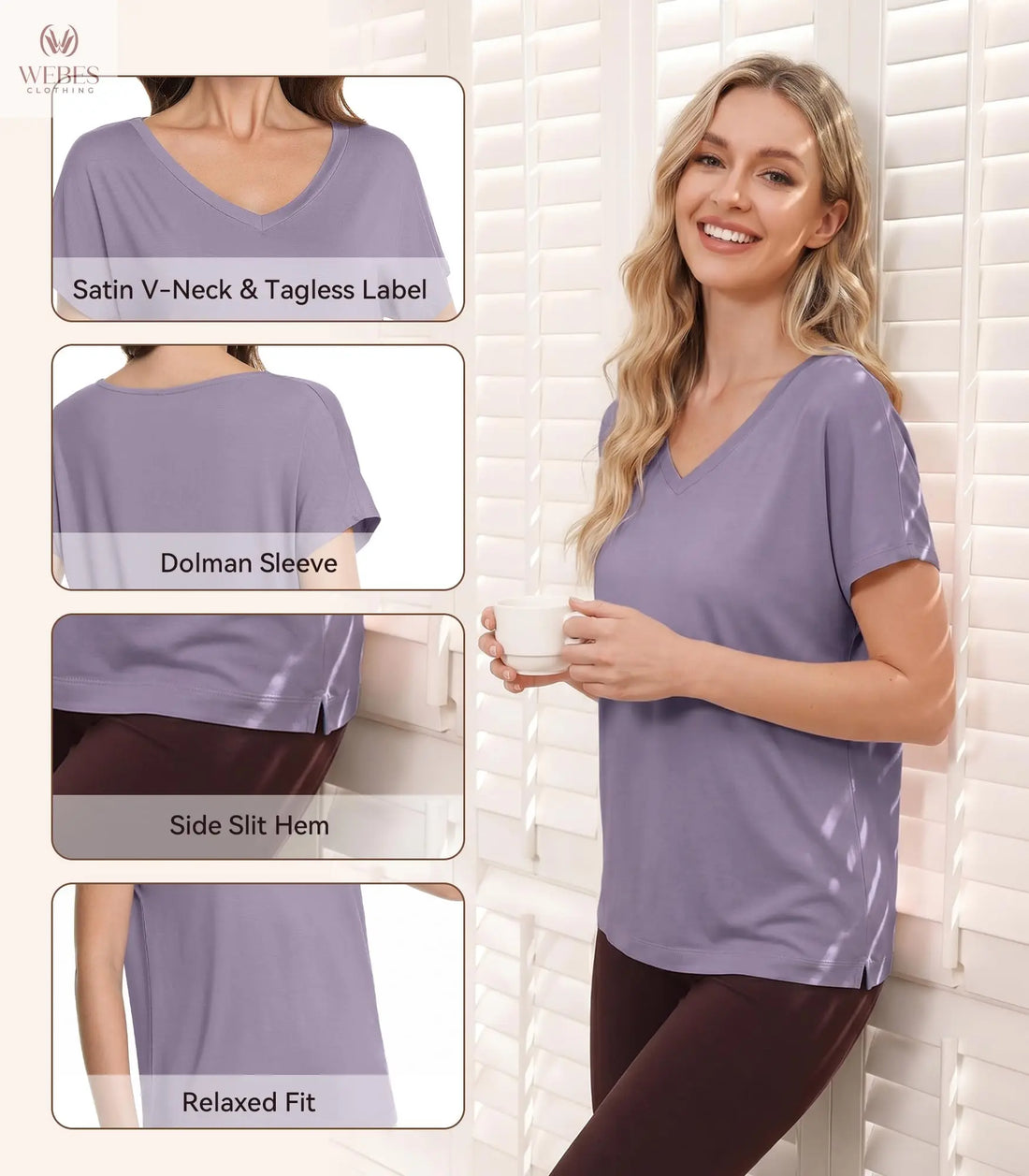 WiWi Bamboo Viscose Shirts for Women, Super Soft Short Sleeve Sleep Pajama Tops, Cooling Satin V Neck Summer Lounge Wear