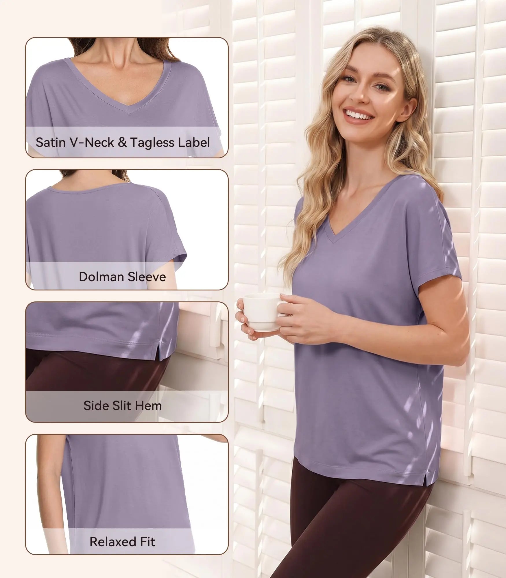 WiWi Bamboo Viscose Shirts for Women, Super Soft Short Sleeve Sleep Pajama Tops, Cooling Satin V Neck Summer Lounge Wear