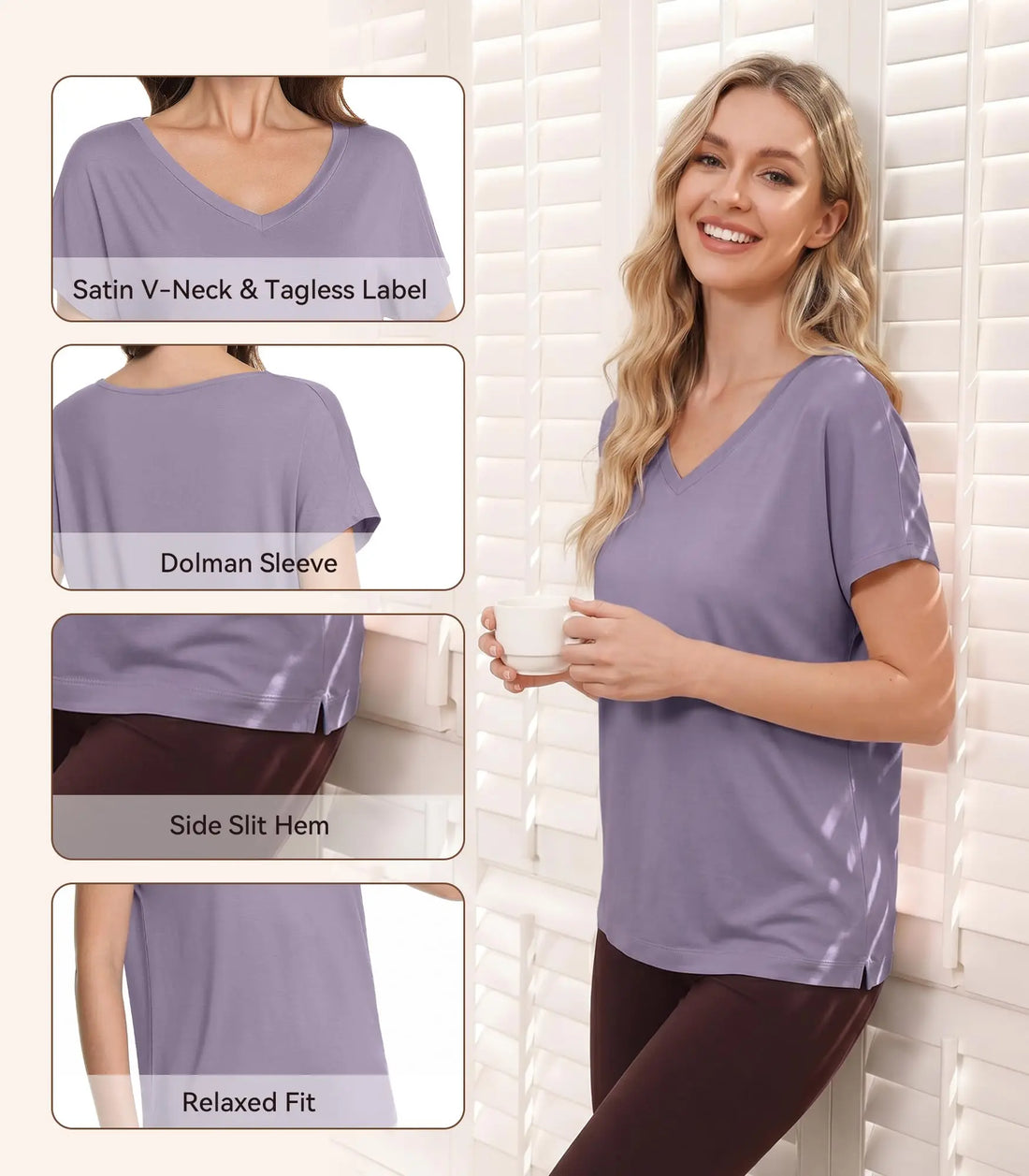 WiWi Bamboo Viscose Shirts for Women, Super Soft Short Sleeve Sleep Pajama Tops, Cooling Satin V Neck Summer Lounge Wear