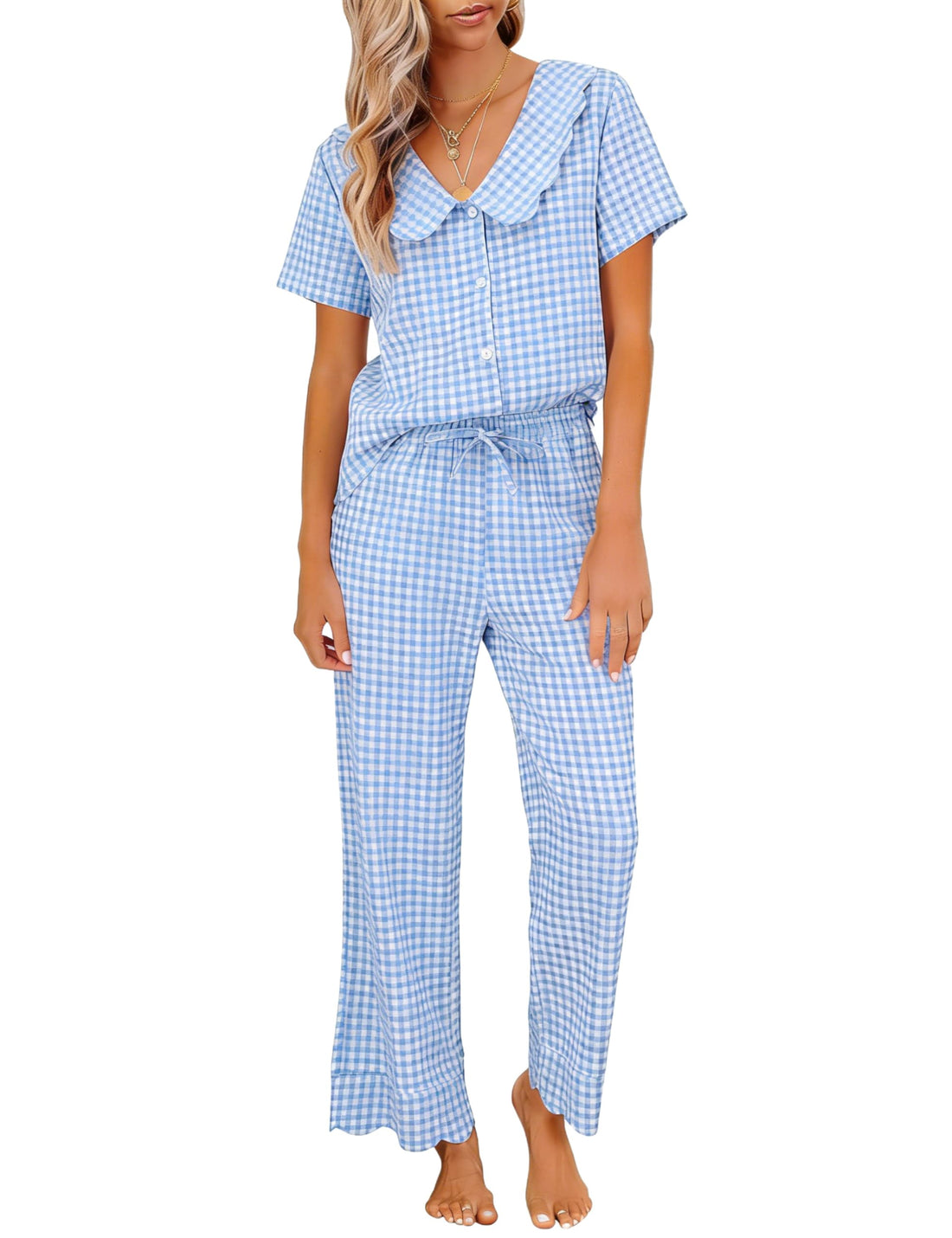 Tanming Womens Gingham 2 Piece Pajamas Sets Puff Sleeve Babydoll Shirt Ruffle Pants Pj Lounge Set Sleepwear WEBE CLOTHING