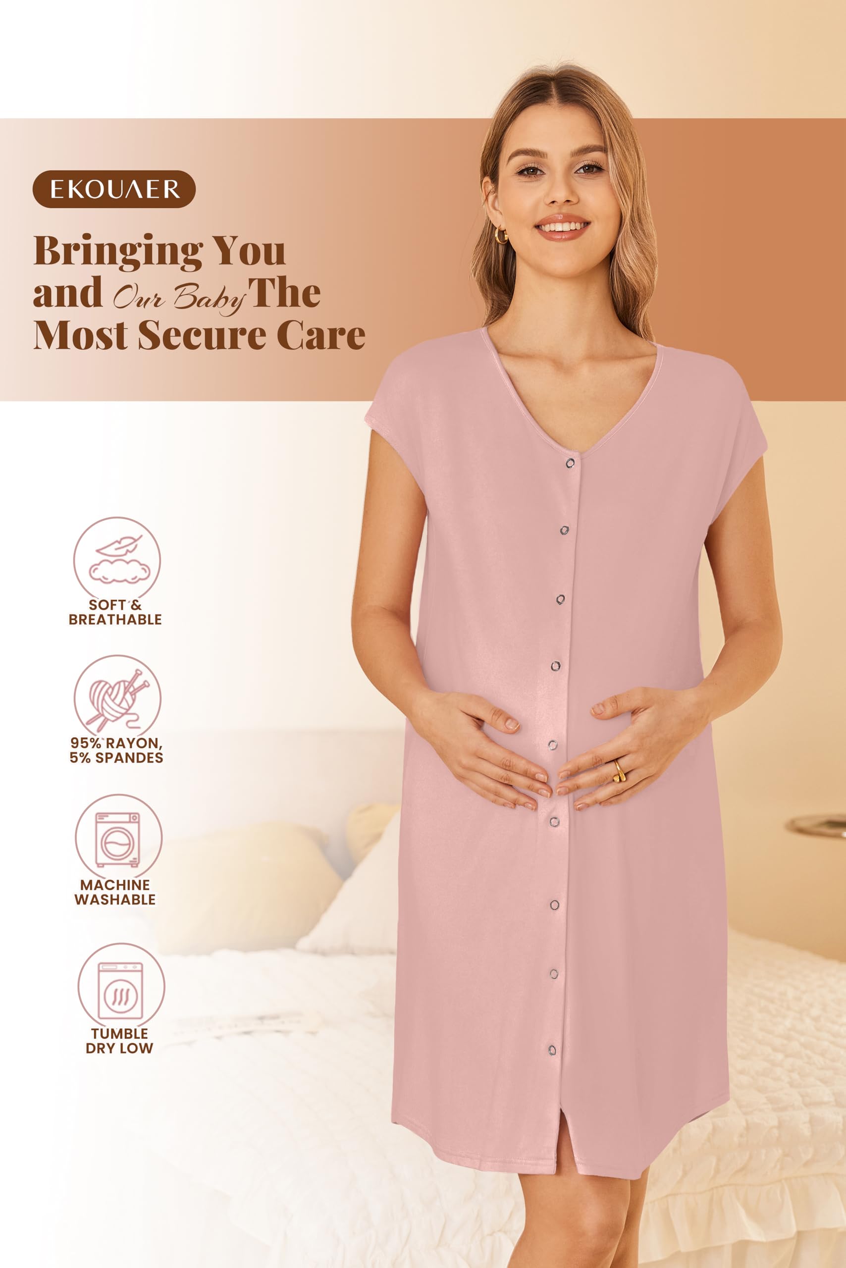Ekouaer Labor and Delivery Gown for Hospital Birthing Gown Nursing Dress | Open Back Birthing Gown, Maternity Nursing Pajamas Dress Breastfeeding, Button C Section Postpartum Clothes