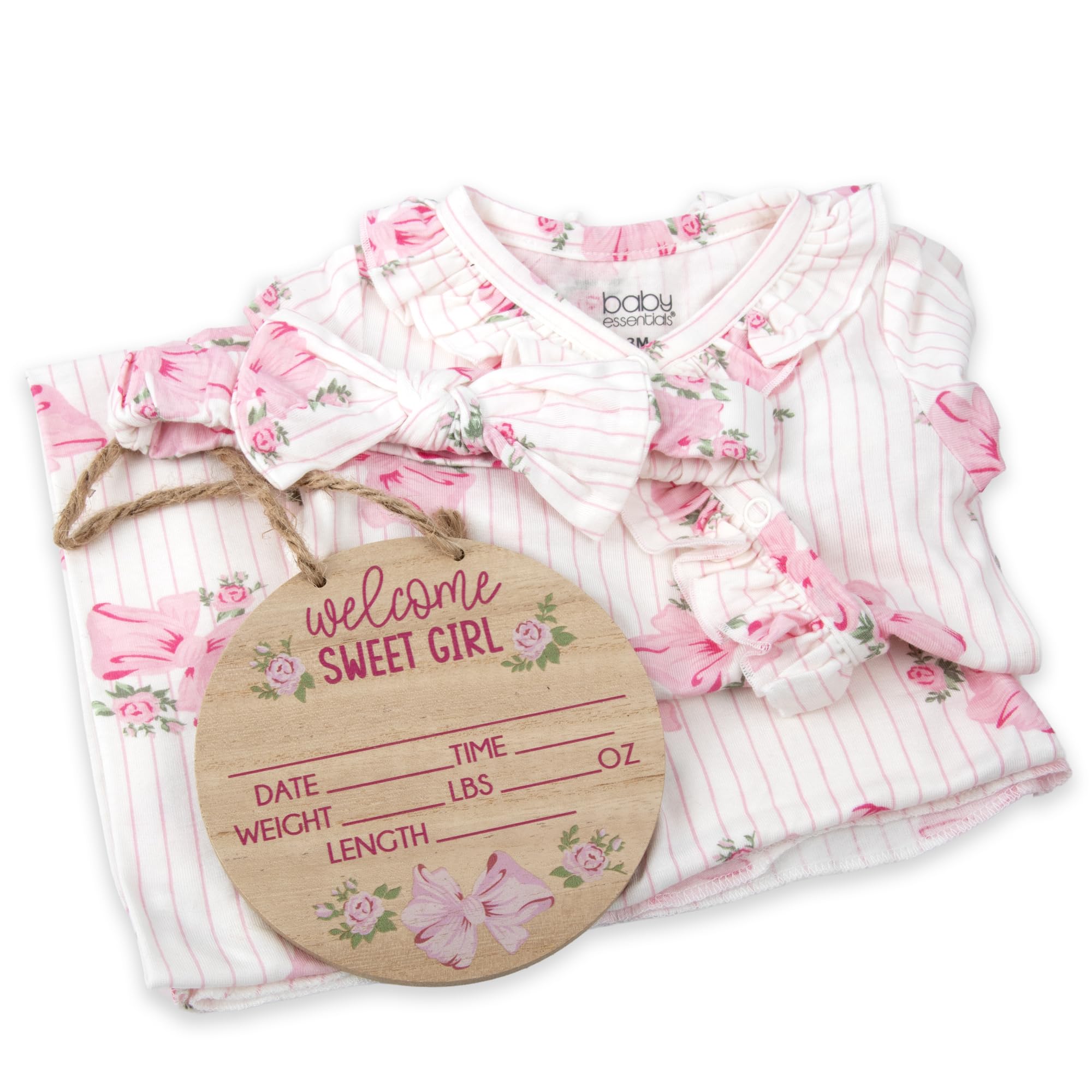 Newborn Baby 4 Piece Coming Home Outfit Gift Set – Footie Sleeper, Blanket, Headband & Ornament for Boys & Girls