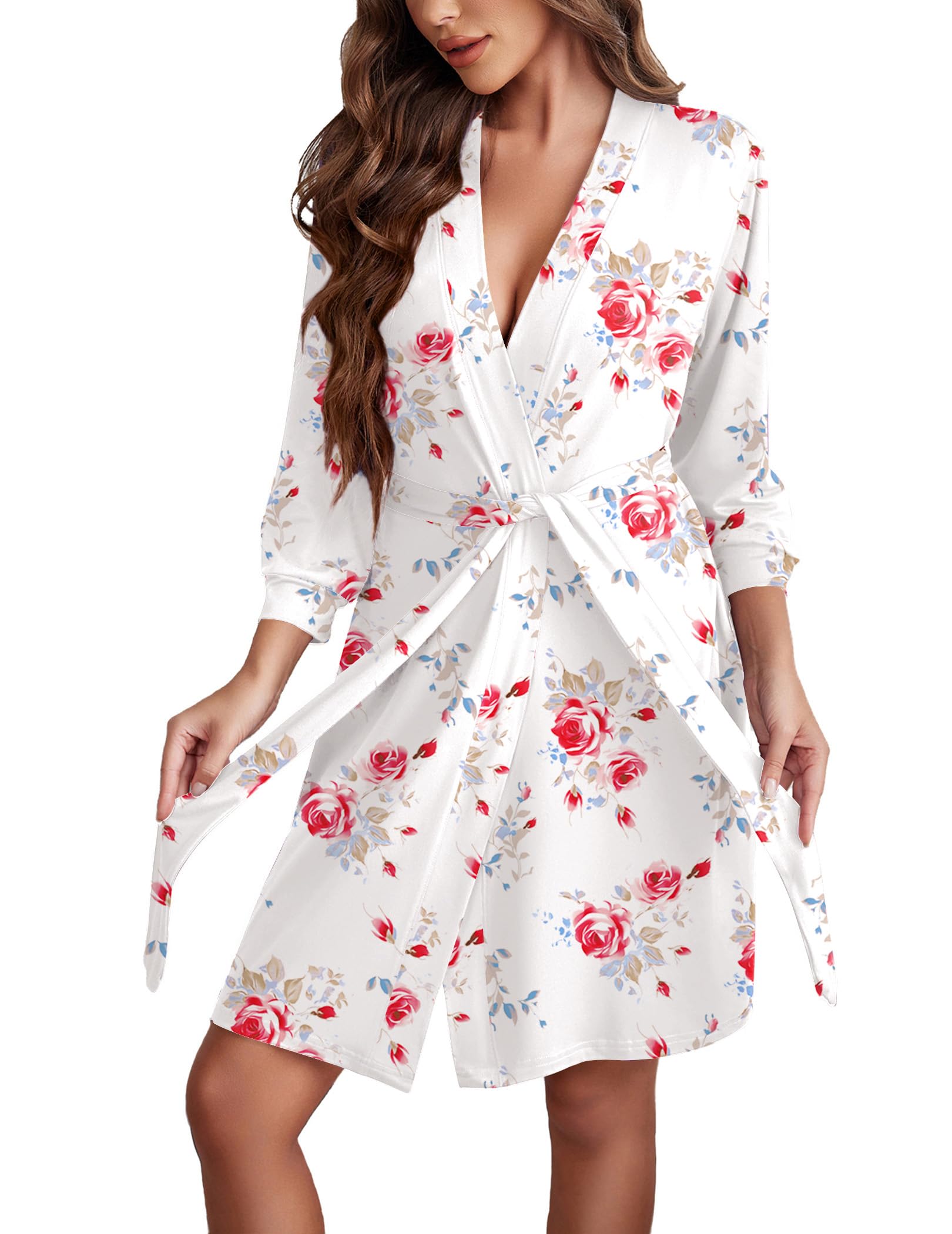 Ekouaer Women‘s Robes Lightweight 3/4 Sleeve Short Knit Bathrobe Soft Knee Length Sleepwear Robes with Pockets S-XXL