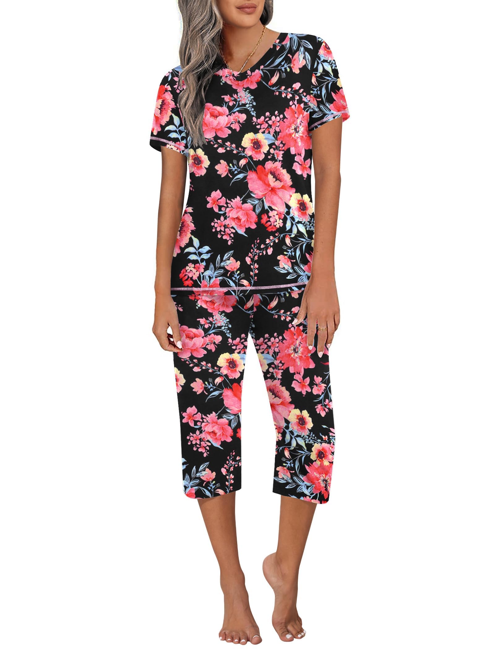 Ekouaer Women's Sleepwear Capri Pajama Sets Short Sleeve Two-Piece Pjs V Neck Tops & Capri Pants with Pockets S-3XL