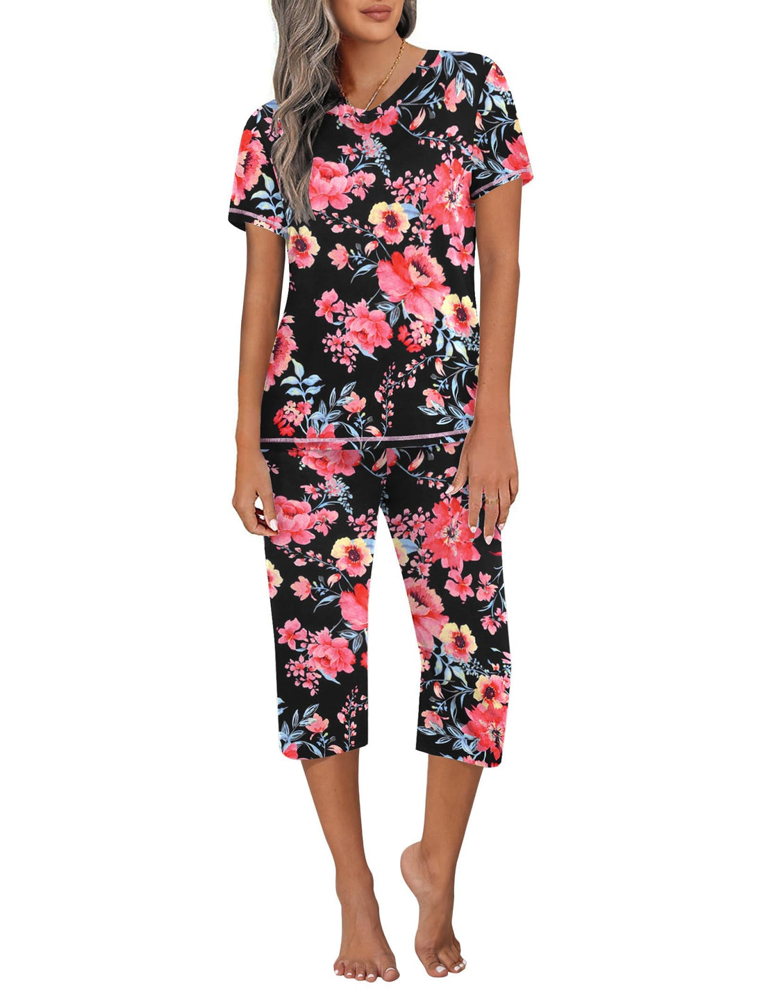Ekouaer Women's Sleepwear Capri Pajama Sets Short Sleeve Two-Piece Pjs V Neck Tops & Capri Pants with Pockets S-3XL