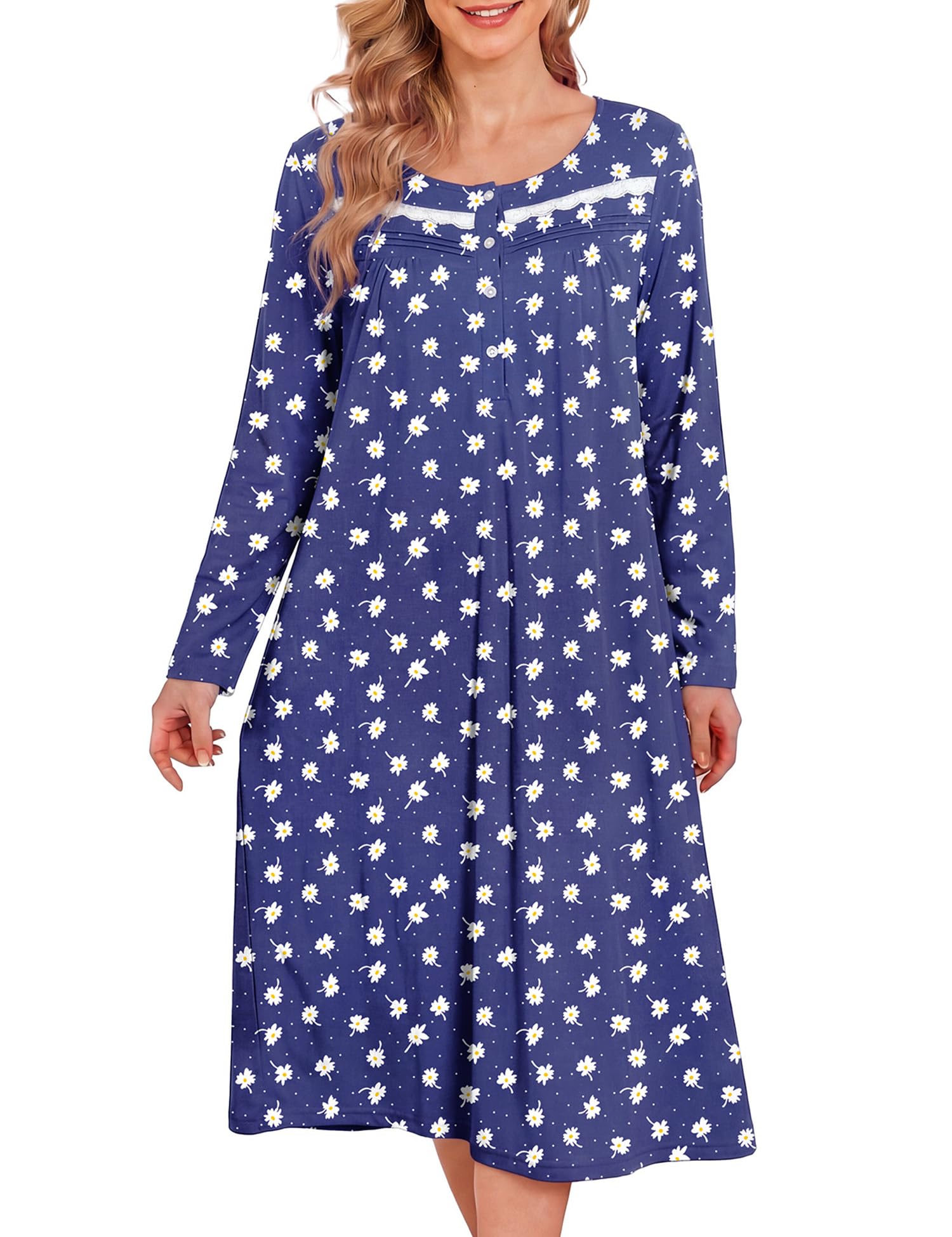Bloggerlove Nightgowns for Women 100% Cotton Soft House Dress | 100 Full Cotton, Button Neck, Knee Length, Lace Trim Floral, Breathable, Skin-frieend, Loose Fit, Comfy Sleepwear WEBE CLOTHING