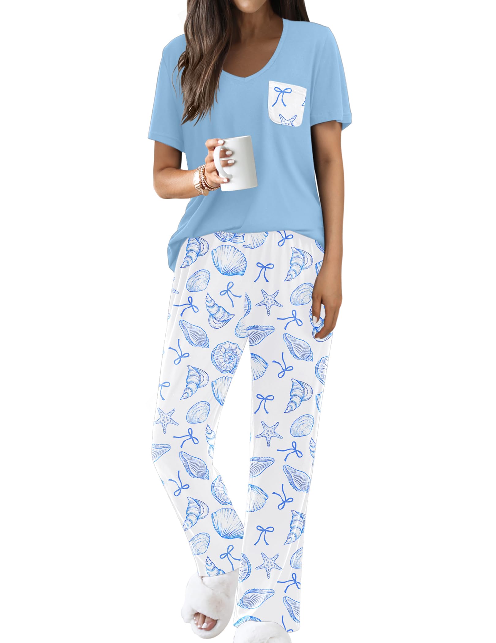 Ekouaer Pajama Sets for Women Short Sleeve Pj Set V Neck Sleepwear Chest Pocket with Long Pants Casual Loose Loungewear WEBE CLOTHING