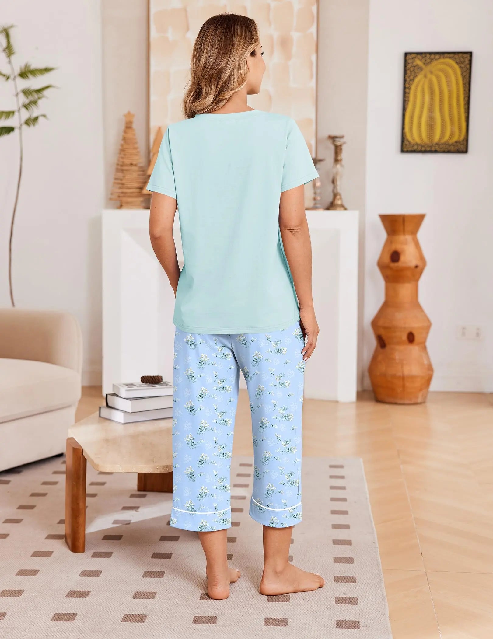 Ekouaer Cotton Pajamas for Women Set Short Sleeve Top and Capri Pants | 2 Pieces Lounge Set with Pockets V Neck Comfy Soft Sleepwear for Mom, Wife, Grandmother WEBE CLOTHING