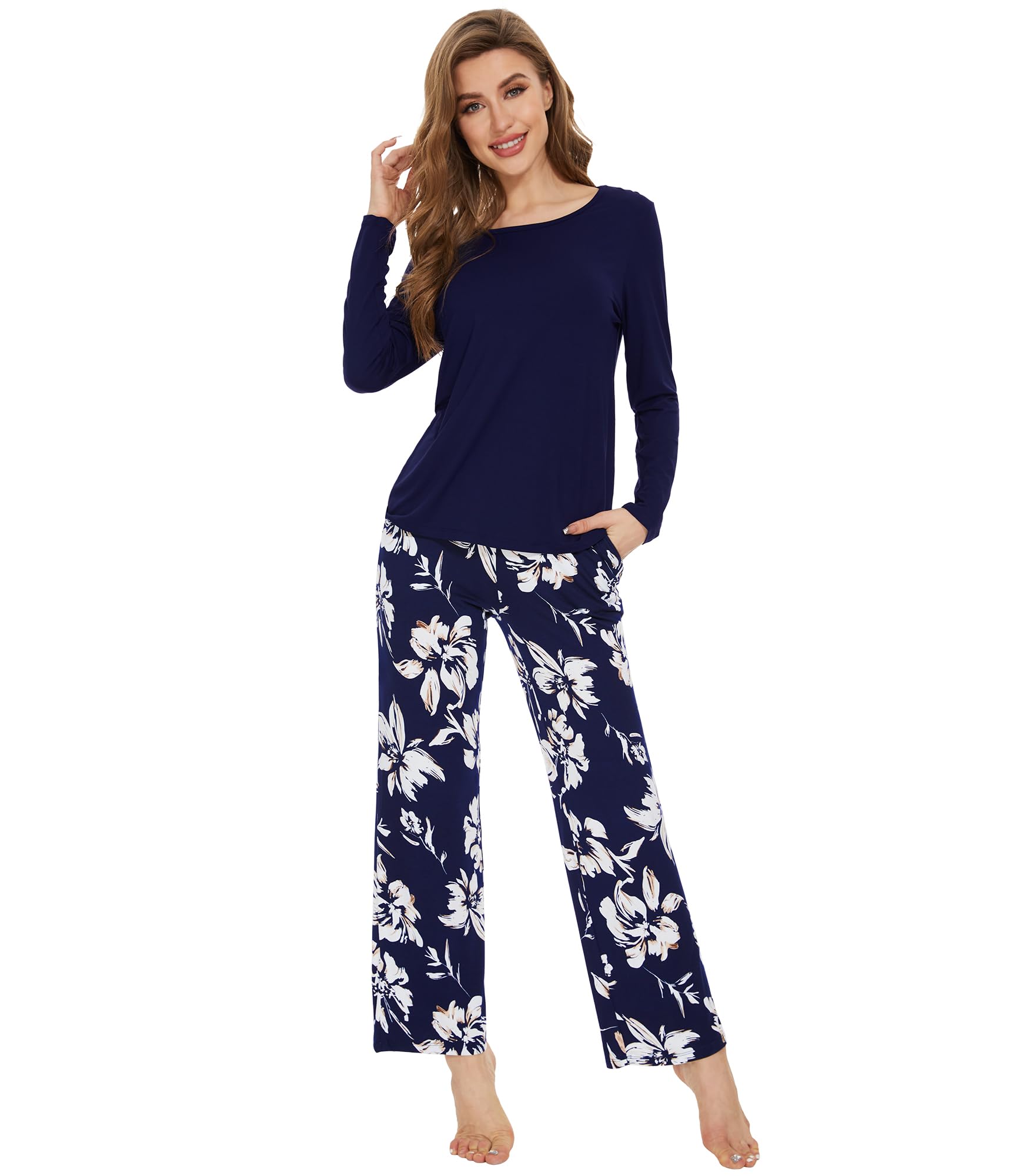 WiWi Bamboo Viscose Pajama Set for Women Super Soft Long Sleeve Top with Pants Loungewear Cooling 2 Piece Pjs Sets S-XXL