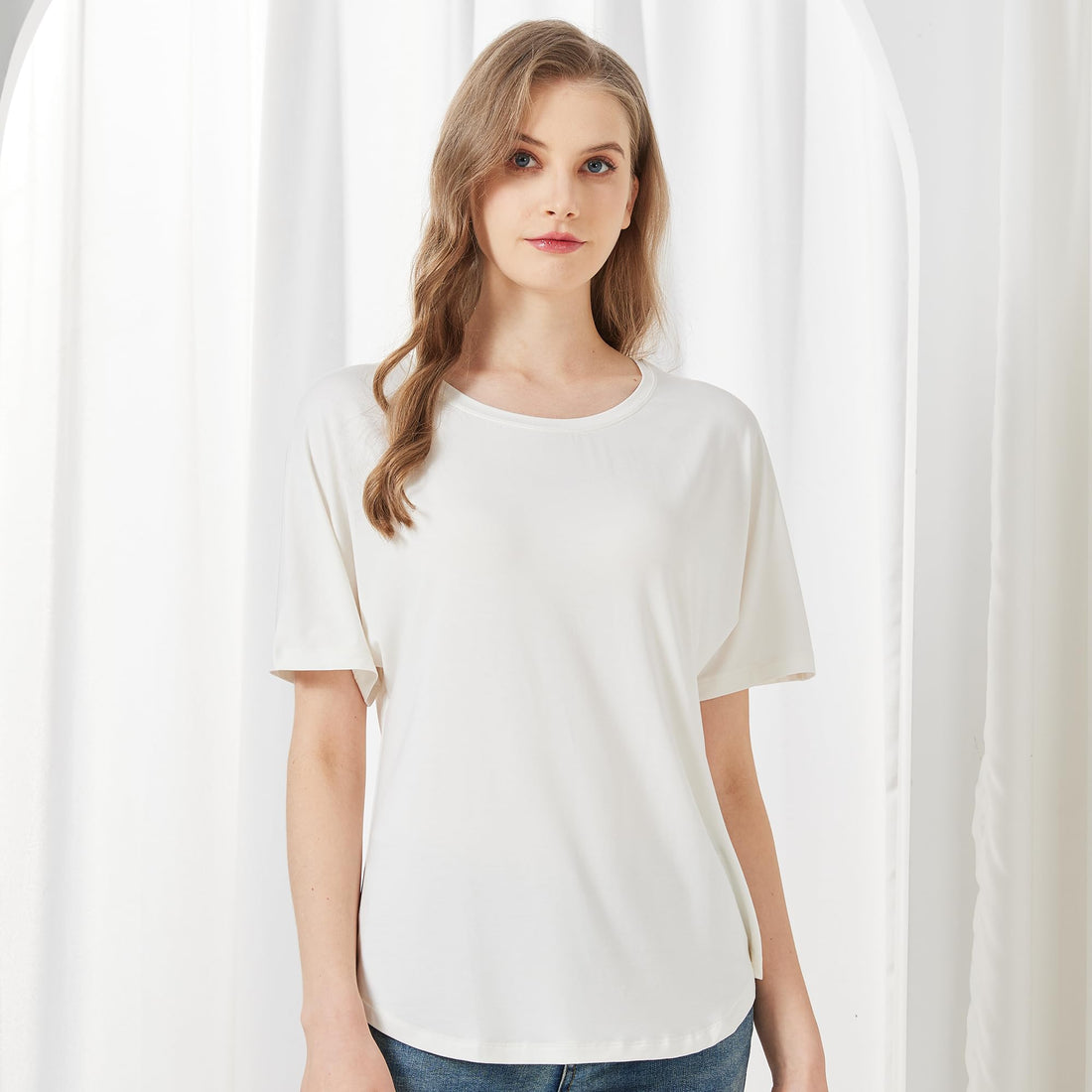 netdraw Women's Ultra Soft Bamboo Viscose Dolman Top Loose Fit Trendy Casual Lounge Short Sleeve Pajama Batwing T-Shirt