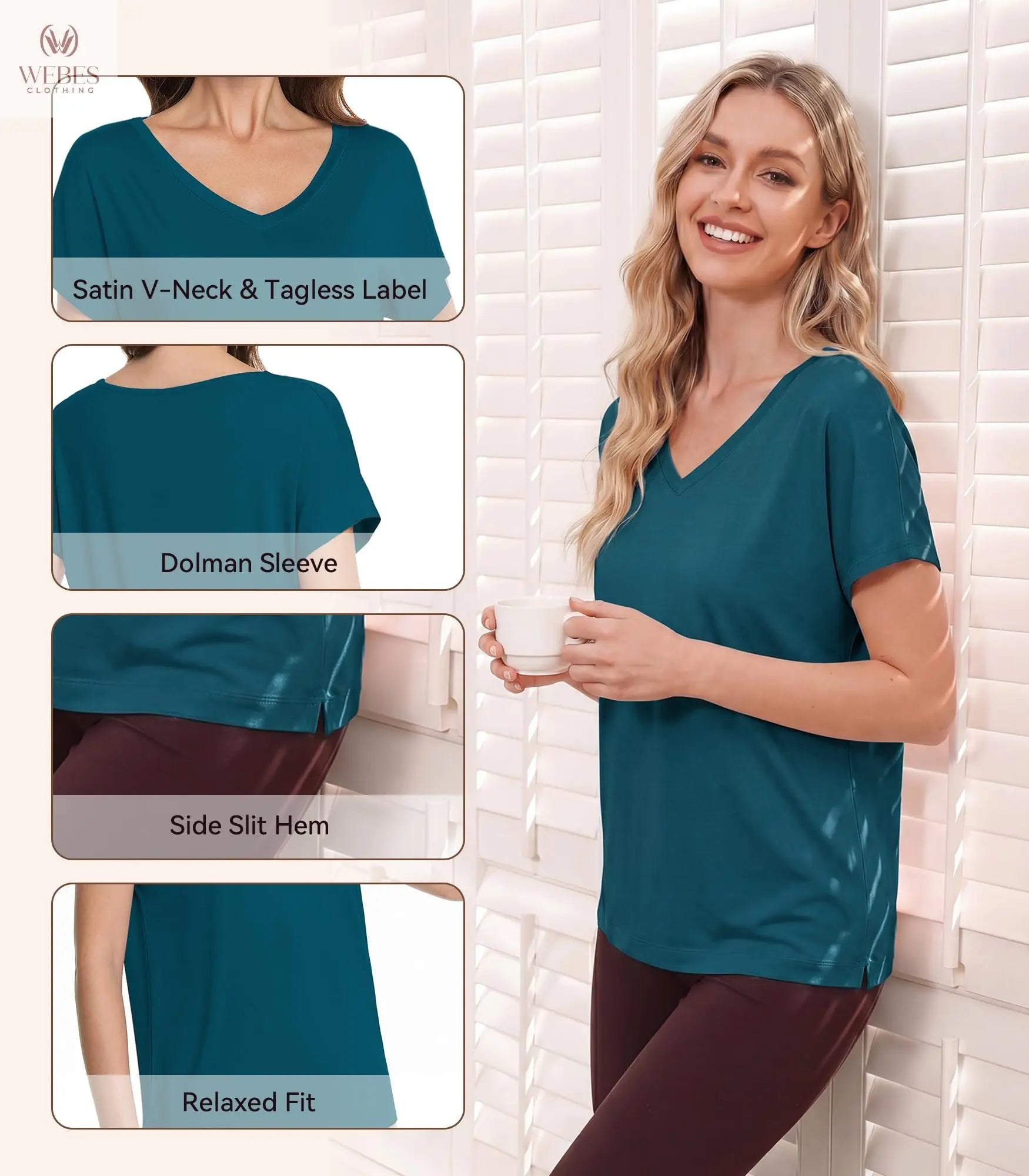 WiWi Bamboo Viscose Shirts for Women, Super Soft Short Sleeve Sleep Pajama Tops, Cooling Satin V Neck Summer Lounge Wear