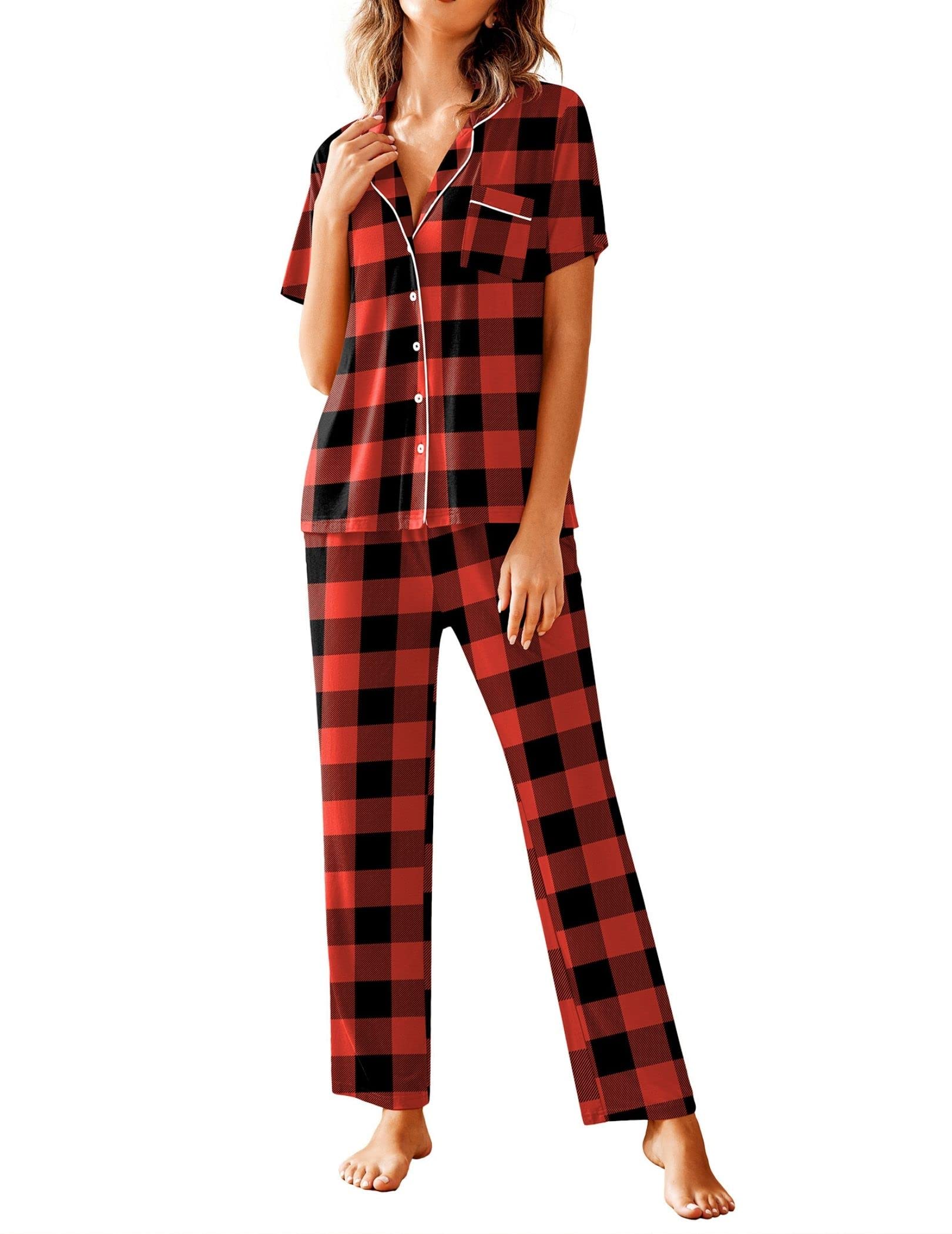 Avidlove Women Pajamas Set Notch Collar Soft Sleepwear Pjs Short Sleeve Button Down Nightwear with Long Pants WEBE CLOTHING